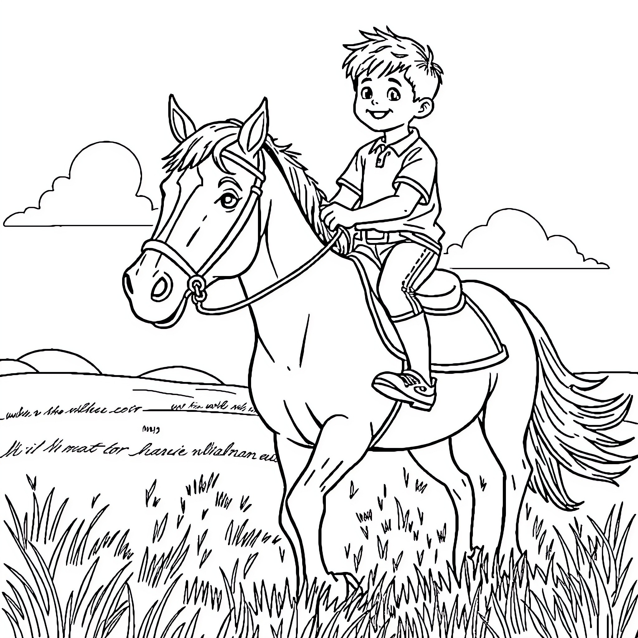 Boy riding happily on a horse in the countryside Coloring Page (free black-and-white line drawing printable PDF for all, from beginners to advanced learners, including children, teens, adults, and seniors)