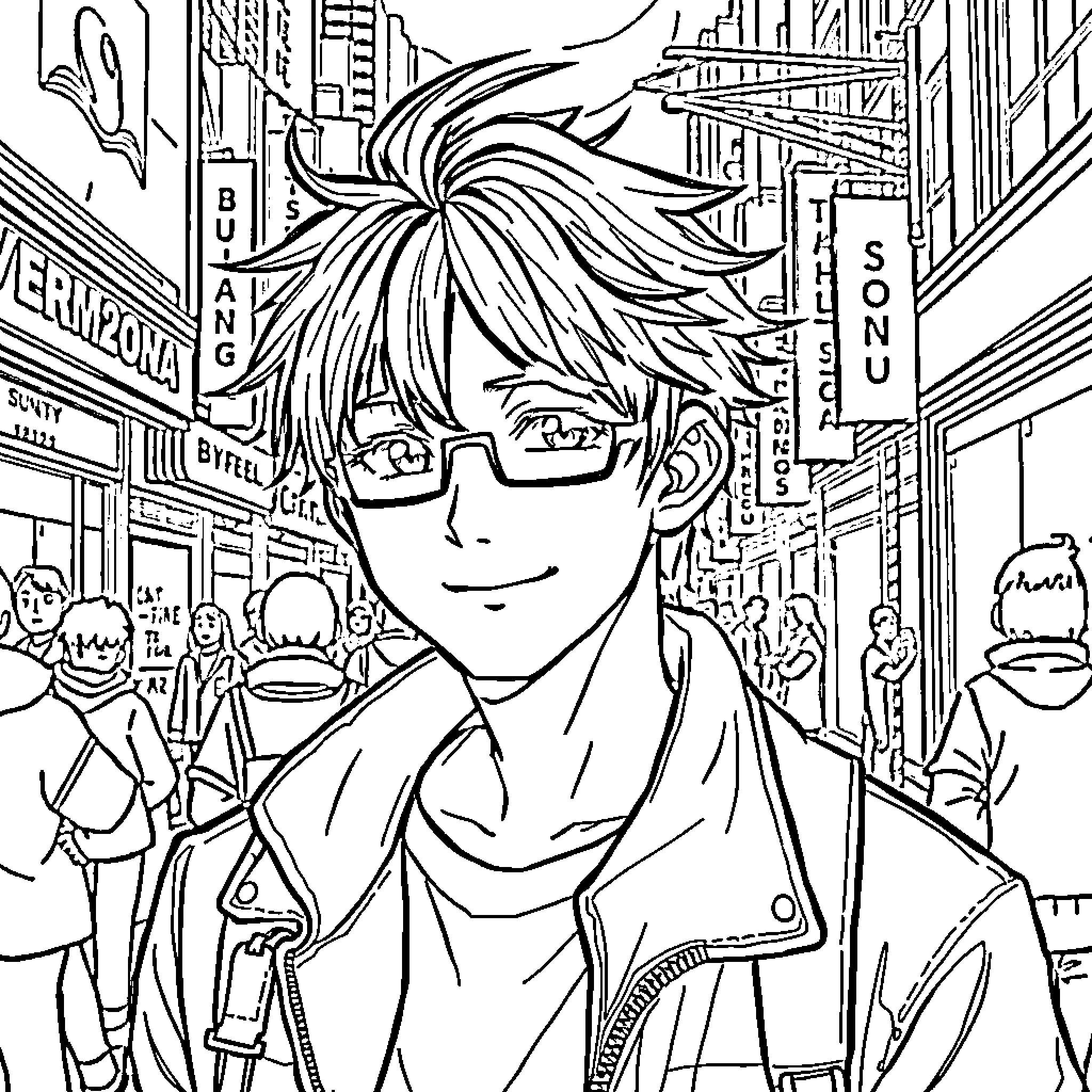 Manjiro Sano in the busy city street Coloring Page (free black-and-white line drawing printable PDF for all, from beginners to advanced learners, including children, teens, adults, and seniors)