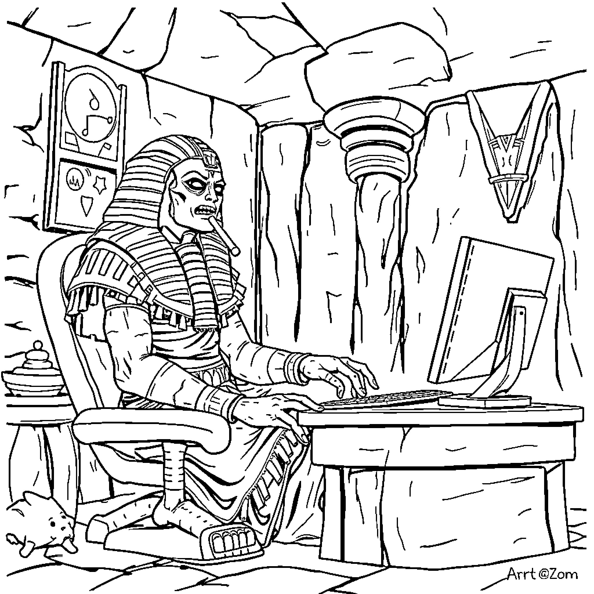 Mumm-Ra monitoring ancient technology and artifacts Coloring Page (free black-and-white line drawing printable PDF for all, from beginners to advanced learners, including children, teens, adults, and seniors)