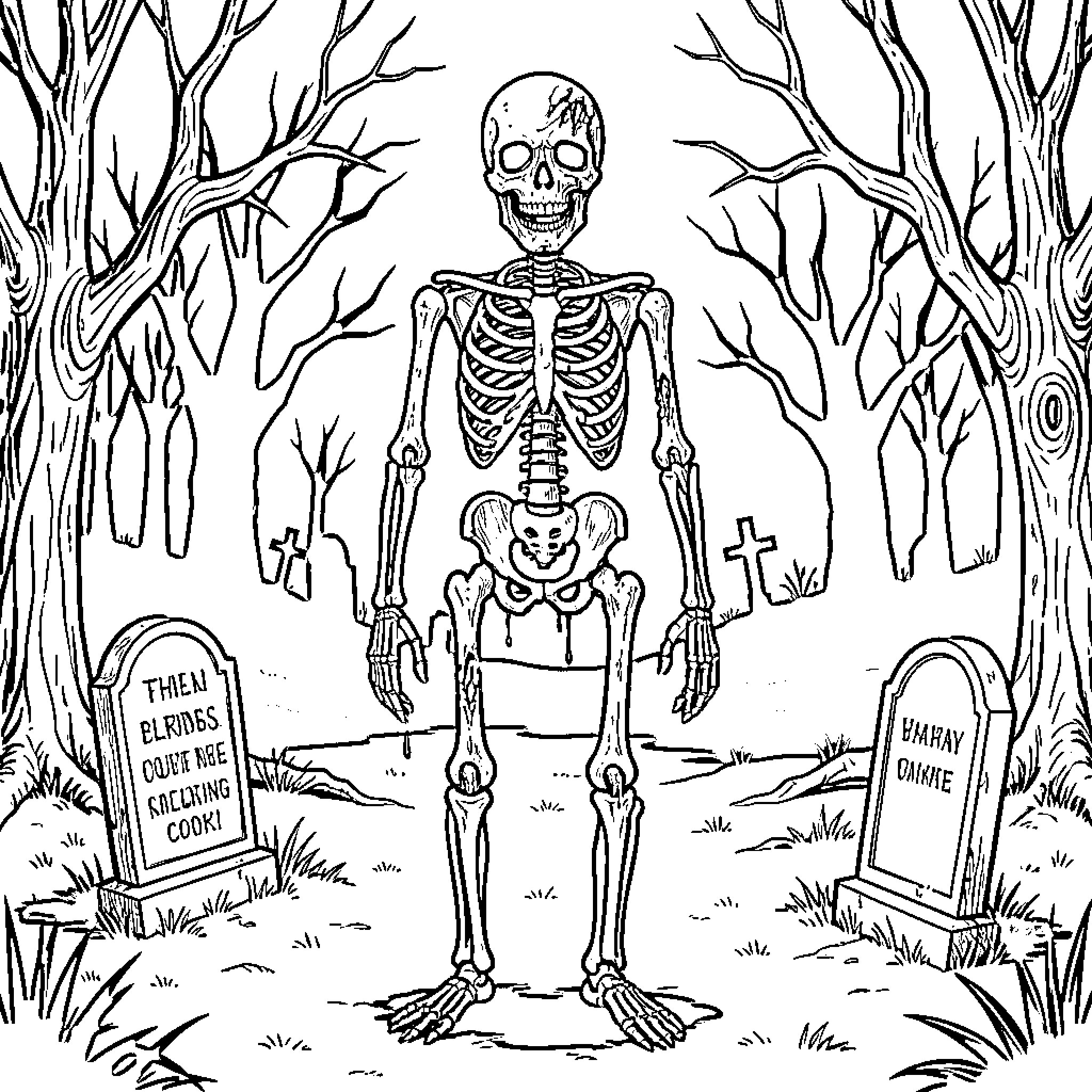 Zombie skeleton standing amongst tombstones in a spooky forest Coloring Page (free black-and-white line drawing printable PDF for all, from beginners to advanced learners, including children, teens, adults, and seniors)