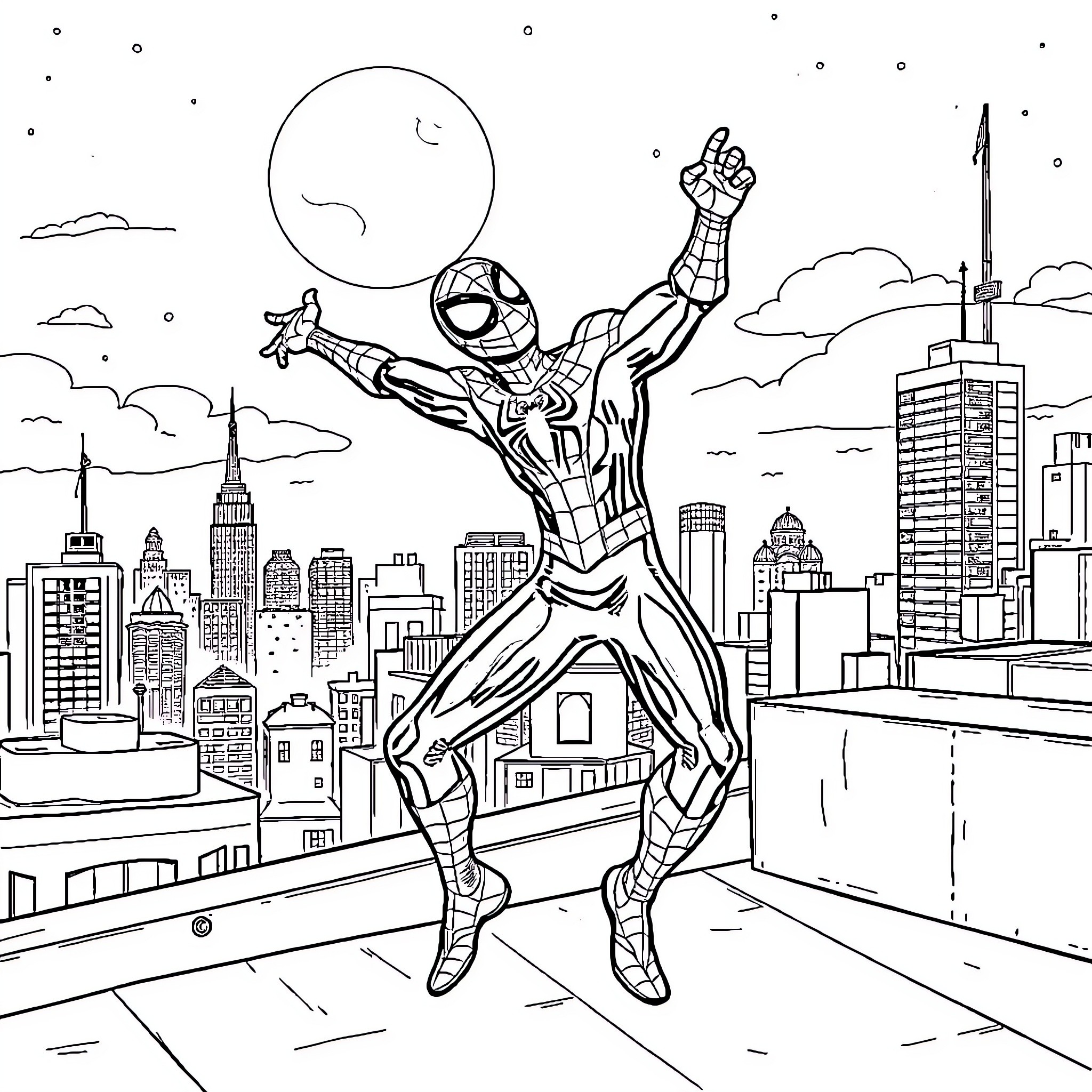 Spiderman swinging through the city skyline Coloring Page (free black-and-white line drawing printable PDF for all, from beginners to advanced learners, including children, teens, adults, and seniors)