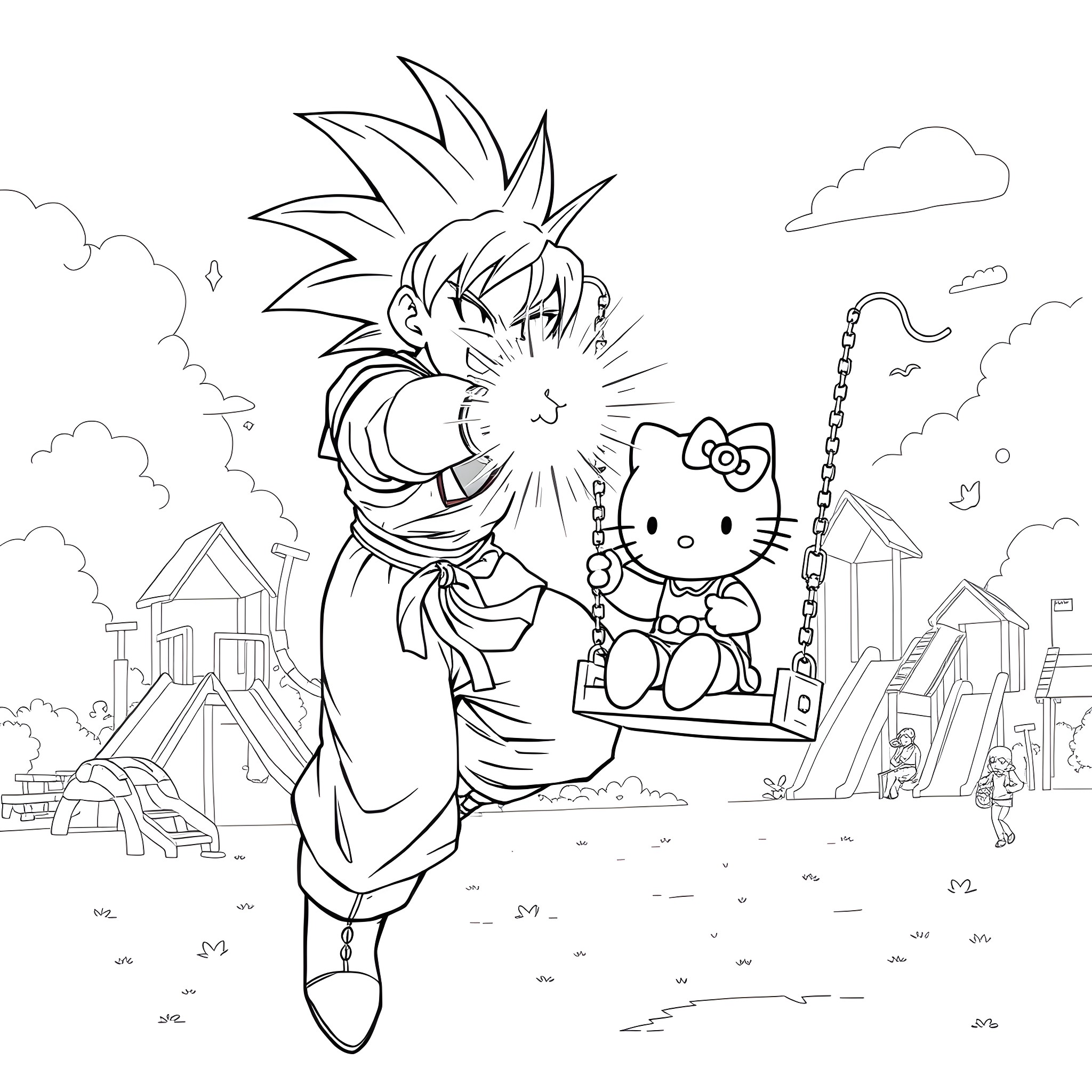 Goku playing with Hello Kitty toy in the park Coloring Page (free black-and-white line drawing printable PDF for all, from beginners to advanced learners, including children, teens, adults, and seniors)
