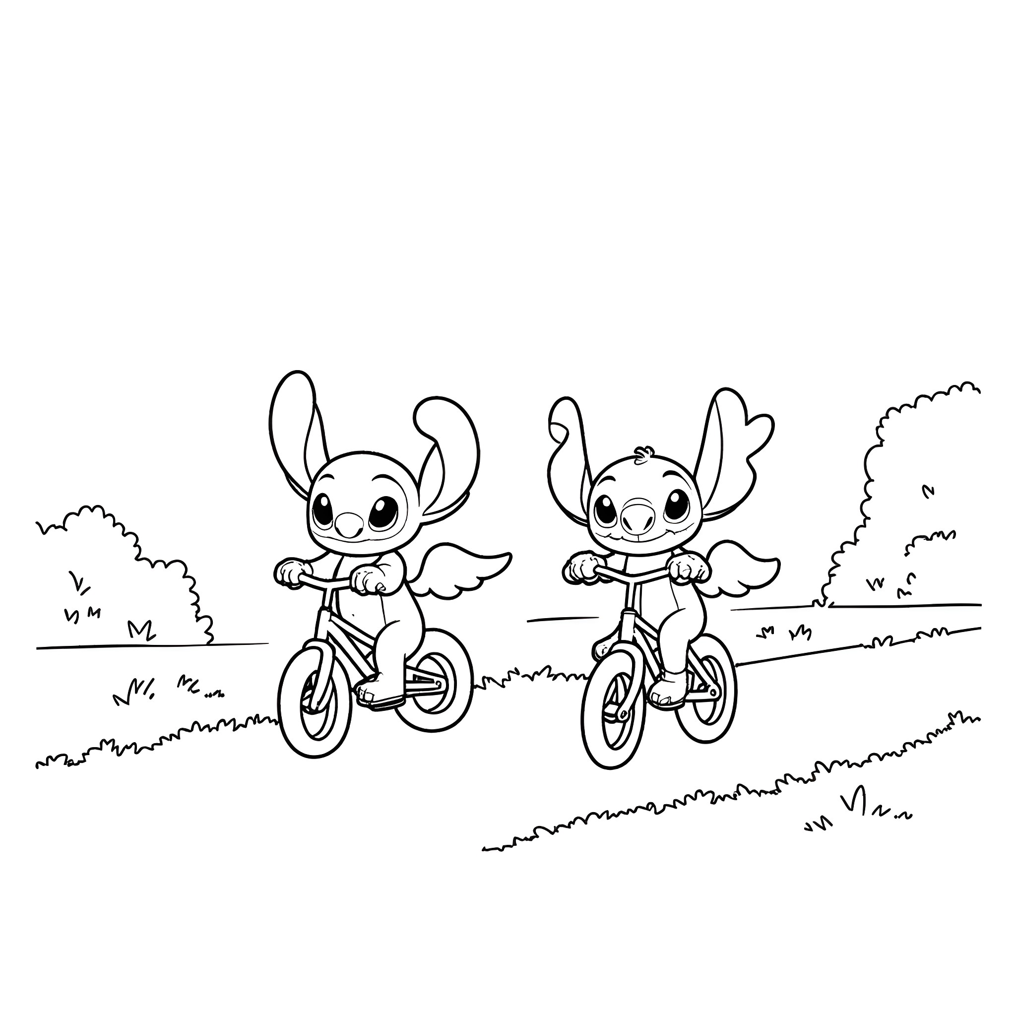 Stitch riding bicycles in the park Coloring Page (free black-and-white line drawing printable PDF for all, from beginners to advanced learners, including children, teens, adults, and seniors)