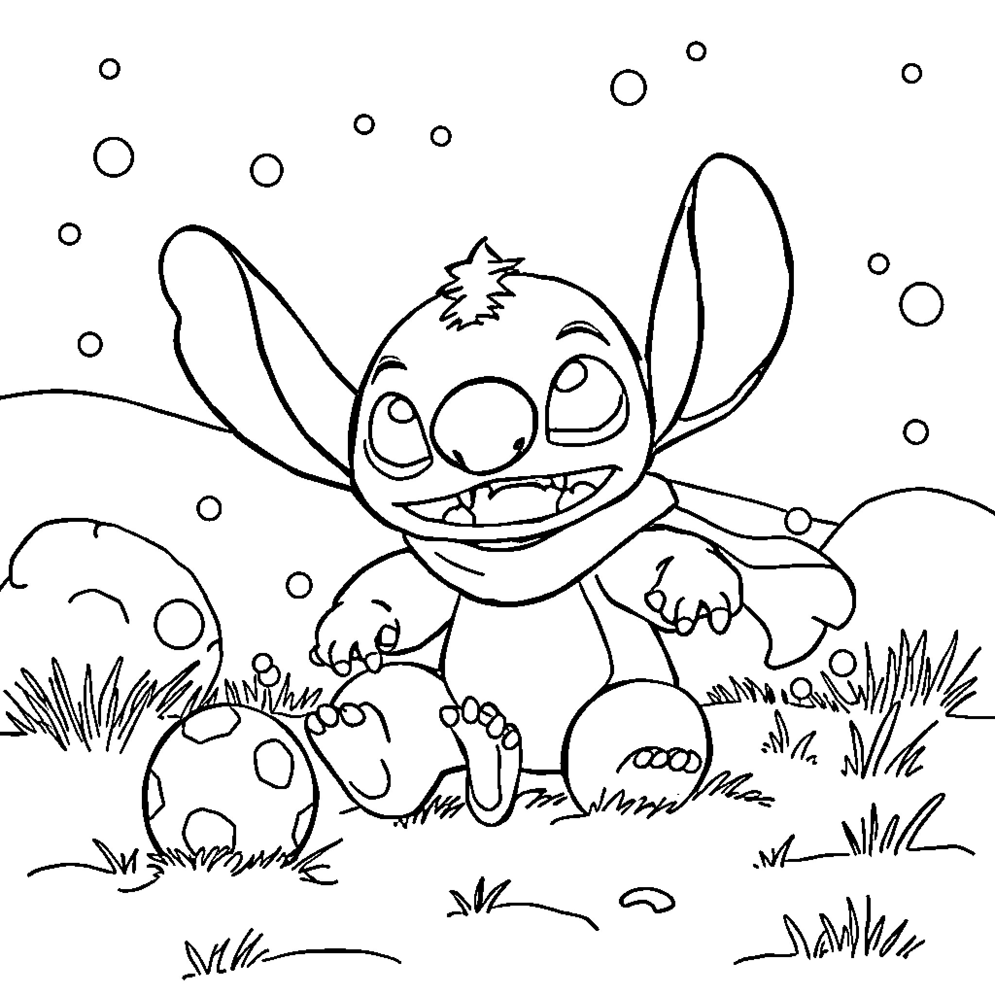 Stitch enjoying the outdoors with a cheerful expression Coloring Page (free black-and-white line drawing printable PDF for all, from beginners to advanced learners, including children, teens, adults, and seniors)