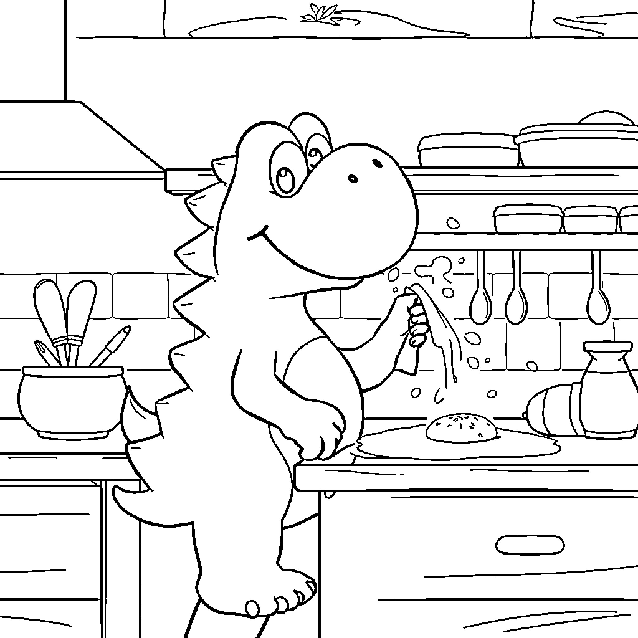 Yoshi cooking happily in the kitchen Coloring Page (free black-and-white line drawing printable PDF for all, from beginners to advanced learners, including children, teens, adults, and seniors)