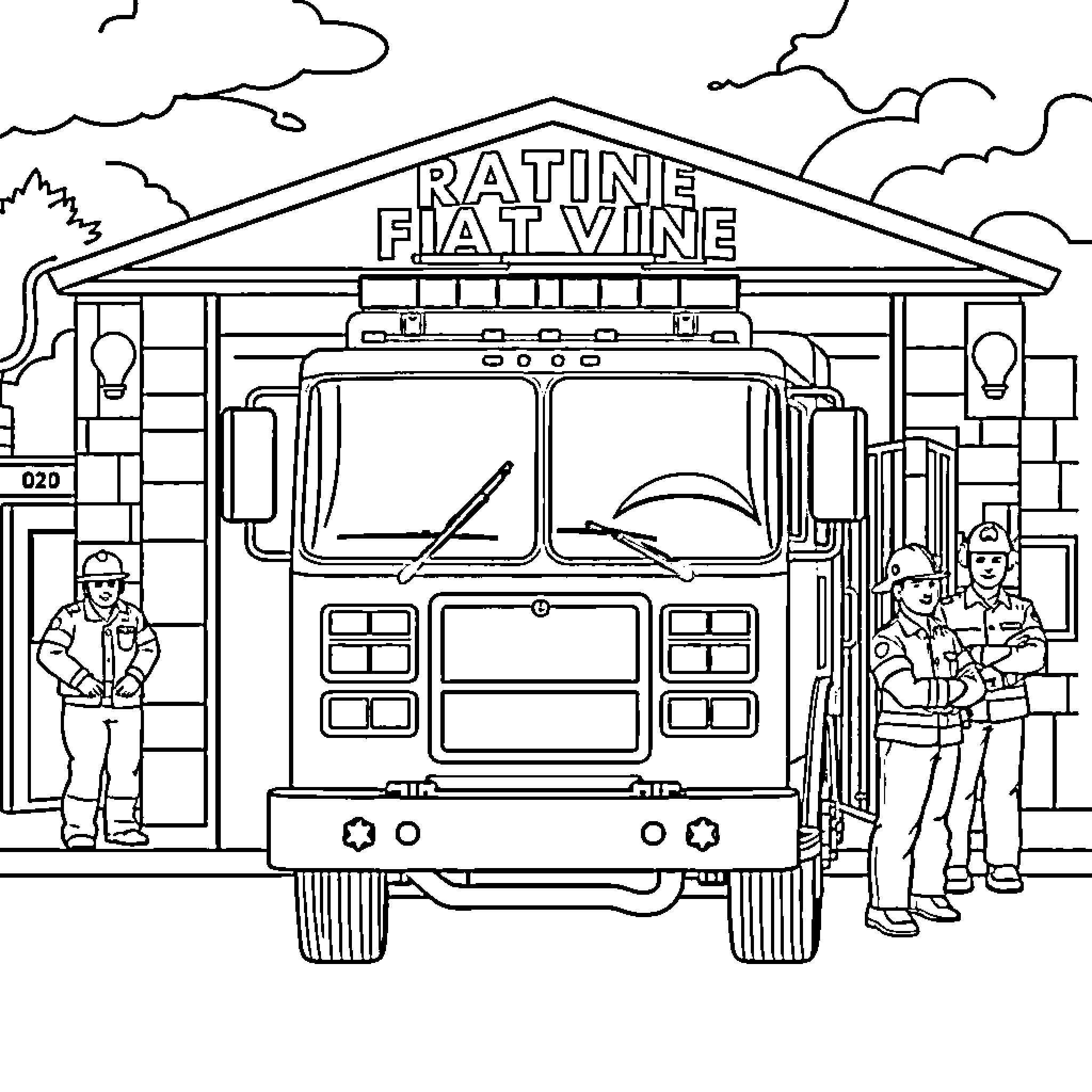 Fire Truck at Ratine Fire Station Coloring Page (free black-and-white line drawing printable PDF for all, from beginners to advanced learners, including children, teens, adults, and seniors)