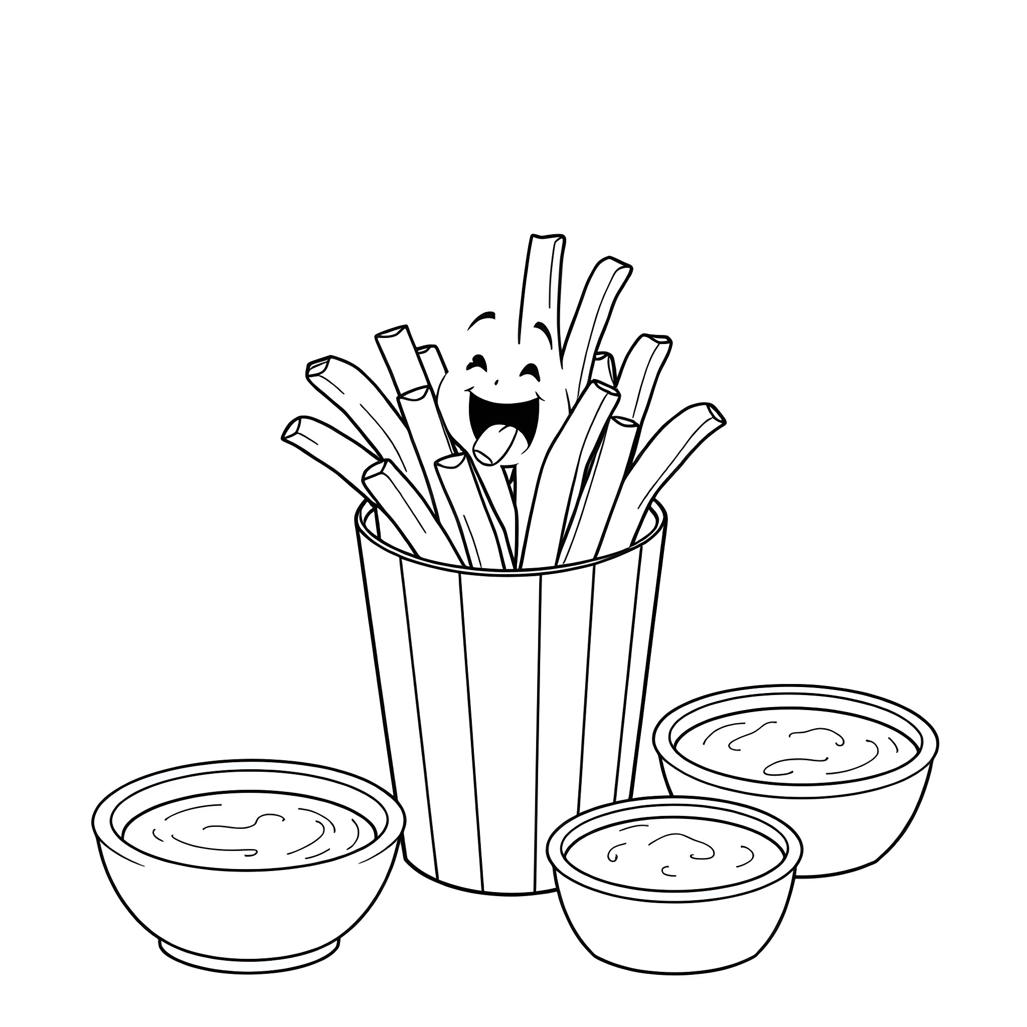 French Fry enjoying a happy meal Coloring Page (free black-and-white line drawing printable PDF for all, from beginners to advanced learners, including children, teens, adults, and seniors)