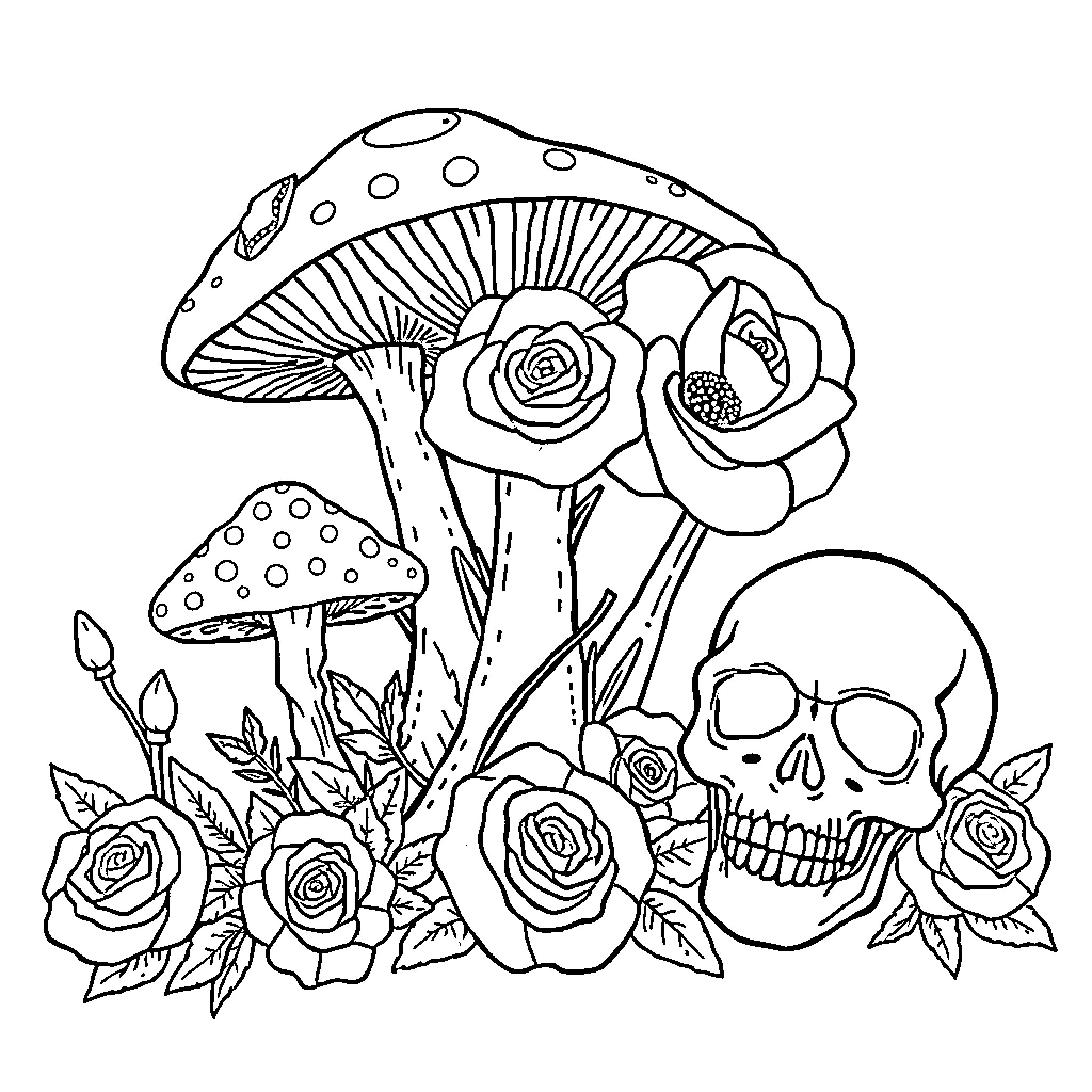 Mushroom Garden with Skull and Flowers Coloring Page (free black-and-white line drawing printable PDF for all, from beginners to advanced learners, including children, teens, adults, and seniors)