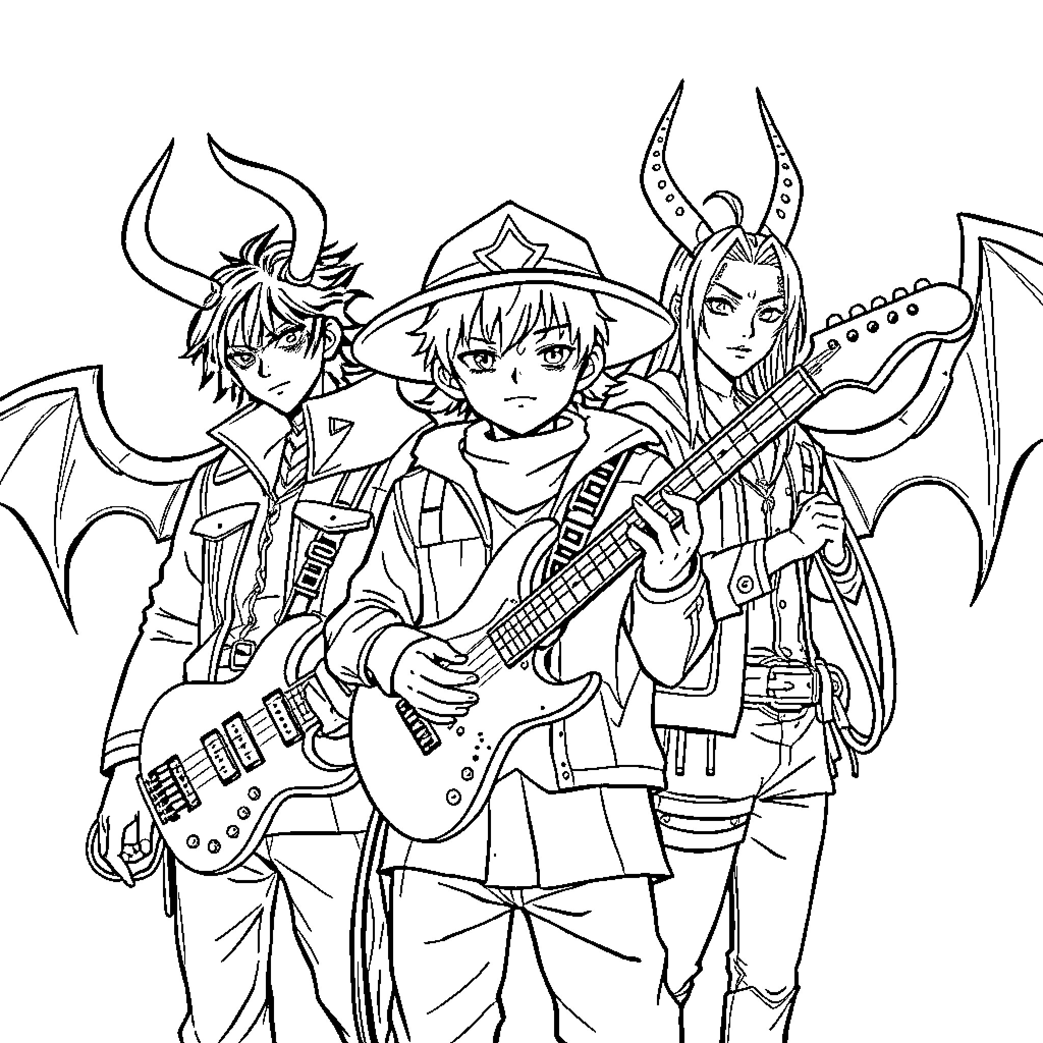 Demon Hunter Band Rocking Out Coloring Page (free black-and-white line drawing printable PDF for all, from beginners to advanced learners, including children, teens, adults, and seniors)