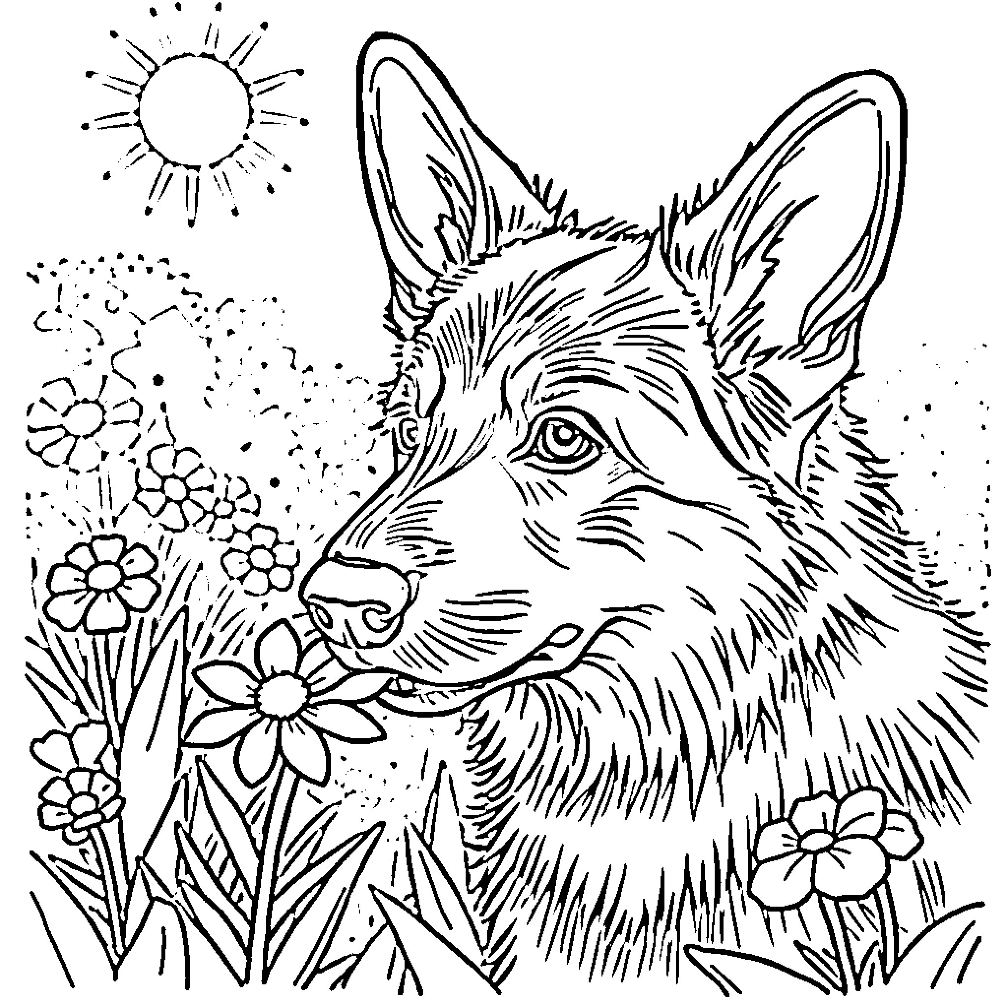 Belgian Shepherd enjoying nature amid flowers Coloring Page (free black-and-white line drawing printable PDF for all, from beginners to advanced learners, including children, teens, adults, and seniors)
