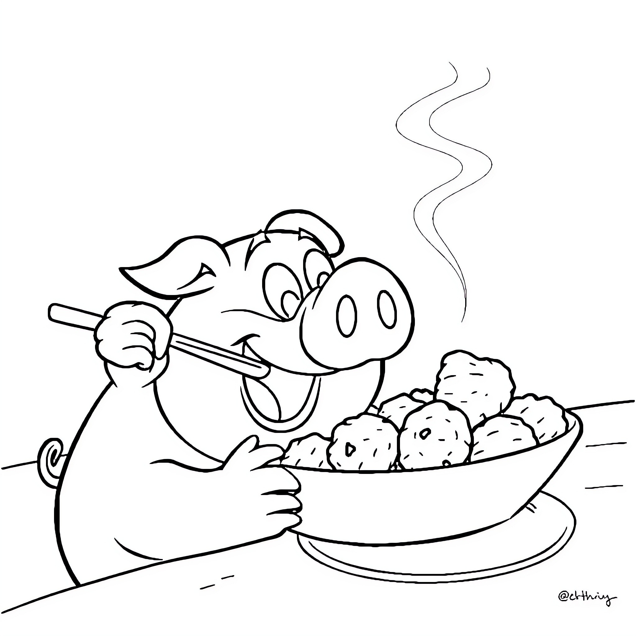Porky Pig Enjoying a Hearty Meal Coloring Page (free black-and-white line drawing printable PDF for all, from beginners to advanced learners, including children, teens, adults, and seniors)