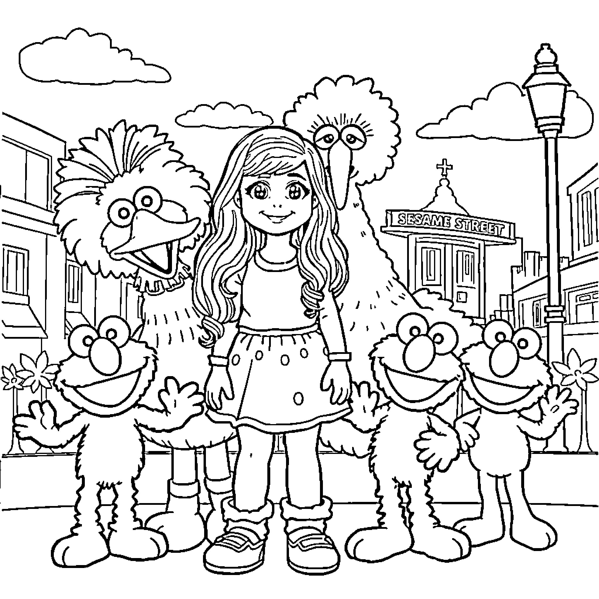 Sabrina Carpenter and Muppet-like characters in a city setting Coloring Page (free black-and-white line drawing printable PDF for all, from beginners to advanced learners, including children, teens, adults, and seniors)