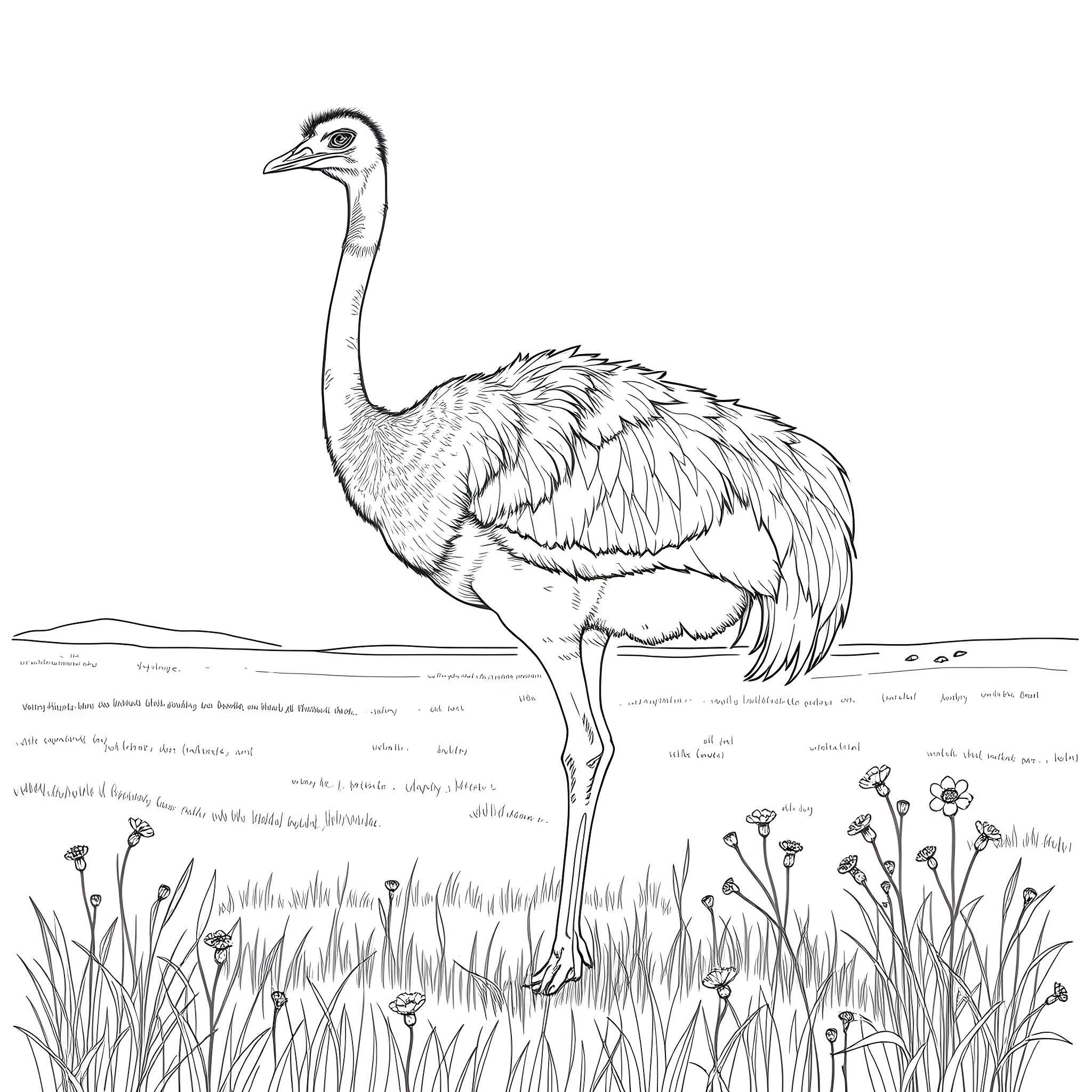 Ostrich standing gracefully in a field of flowers Coloring Page (free black-and-white line drawing printable PDF for all, from beginners to advanced learners, including children, teens, adults, and seniors)