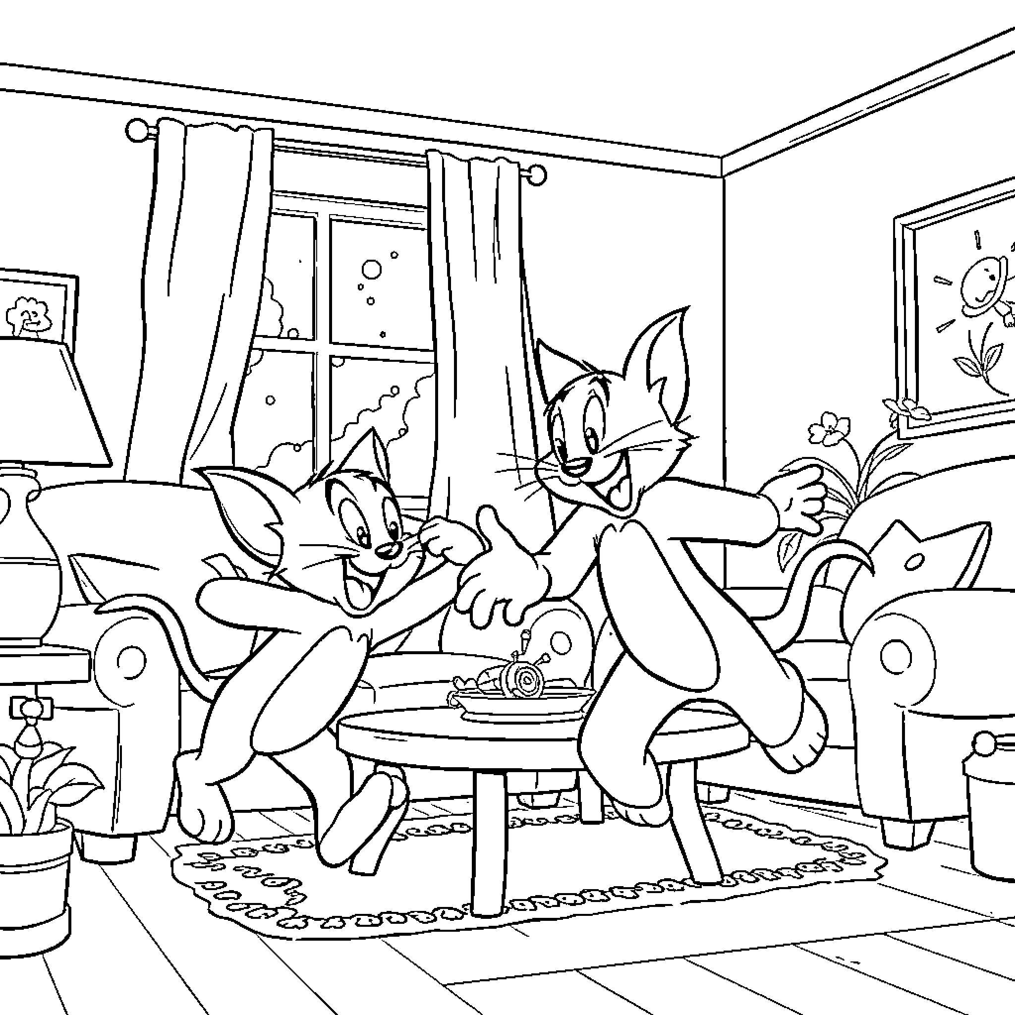 Tom and Jerry playing mischievously in the living room Coloring Page (free black-and-white line drawing printable PDF for all, from beginners to advanced learners, including children, teens, adults, and seniors)