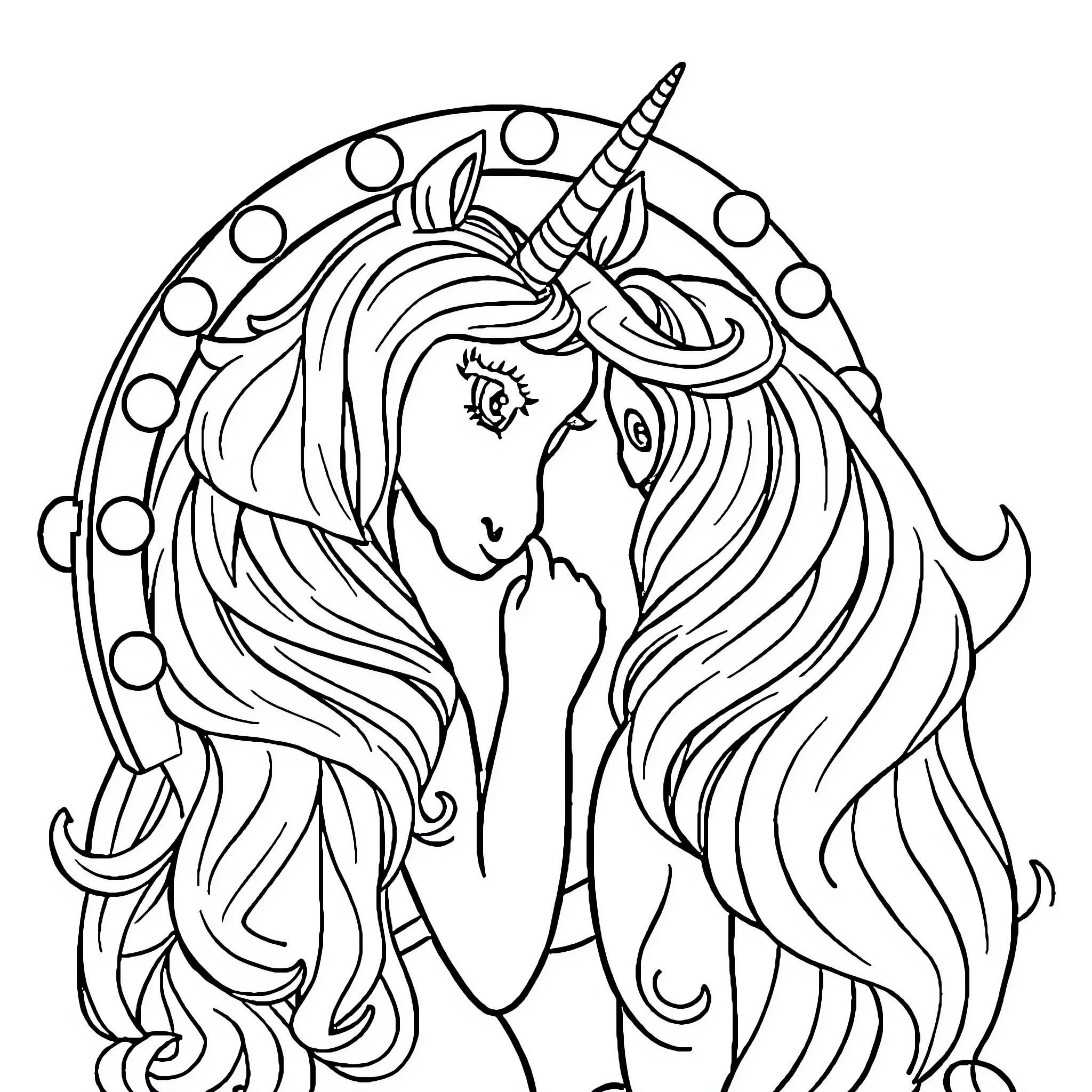Unicorn with Flowing Mane and Magical Aura Coloring Page (free black-and-white line drawing printable PDF for all, from beginners to advanced learners, including children, teens, adults, and seniors)