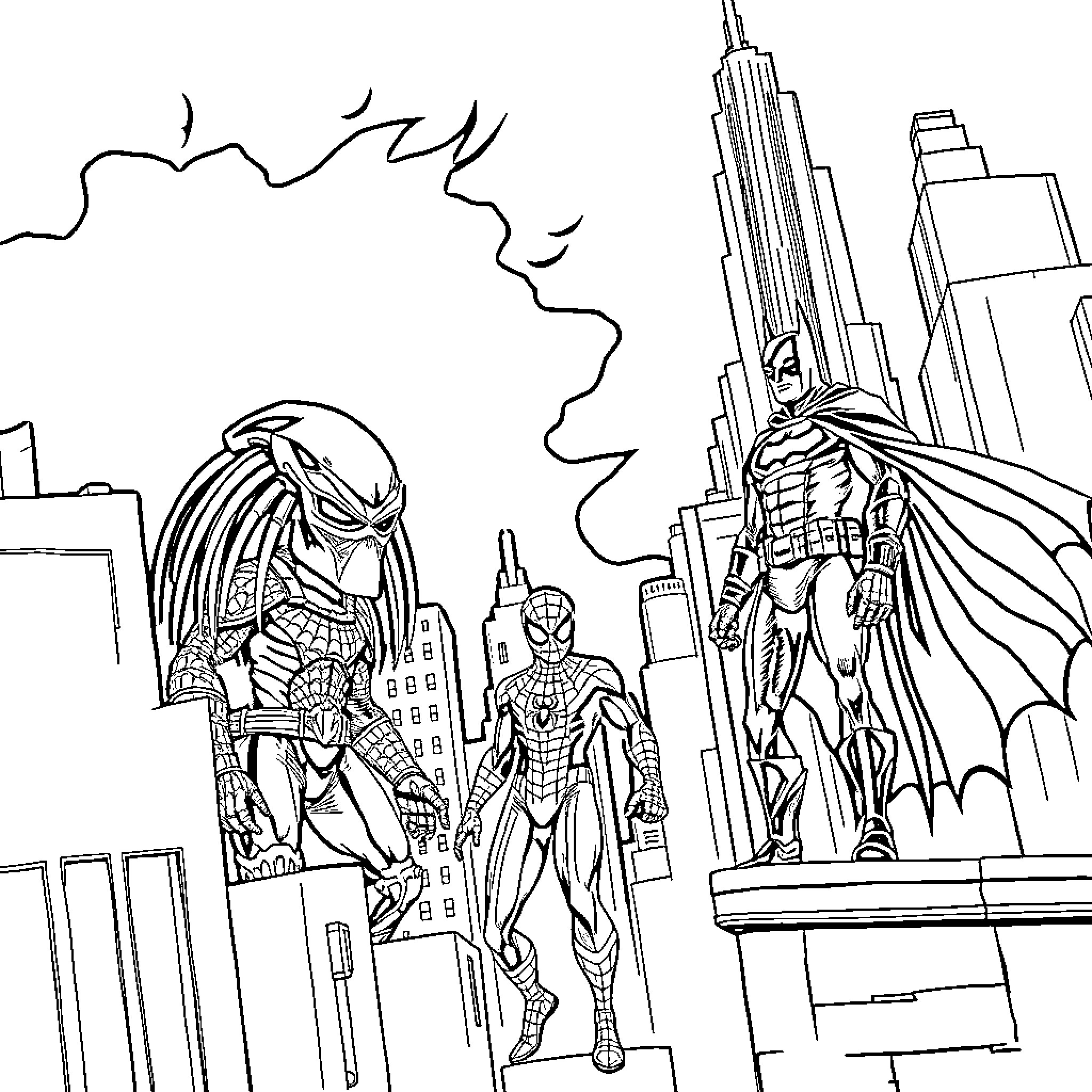 Predator heroes battle in the city Coloring Page (free black-and-white line drawing printable PDF for all, from beginners to advanced learners, including children, teens, adults, and seniors)