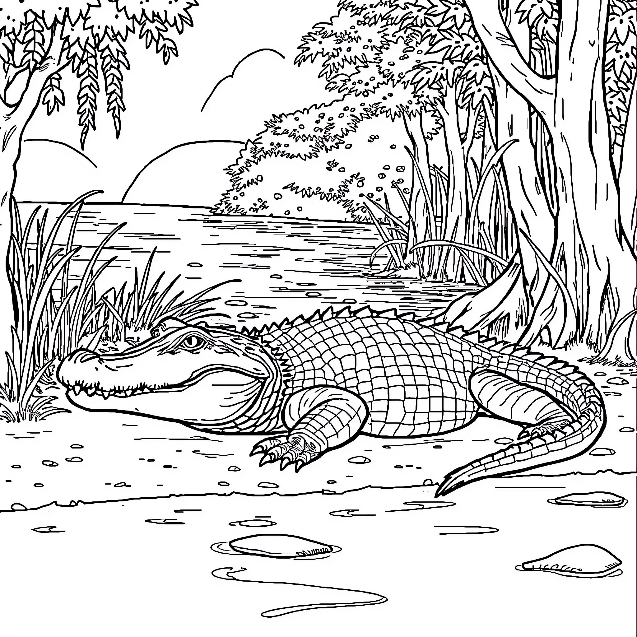 Alligator resting by the tranquil pond Coloring Page (free black-and-white line drawing printable PDF for all, from beginners to advanced learners, including children, teens, adults, and seniors)