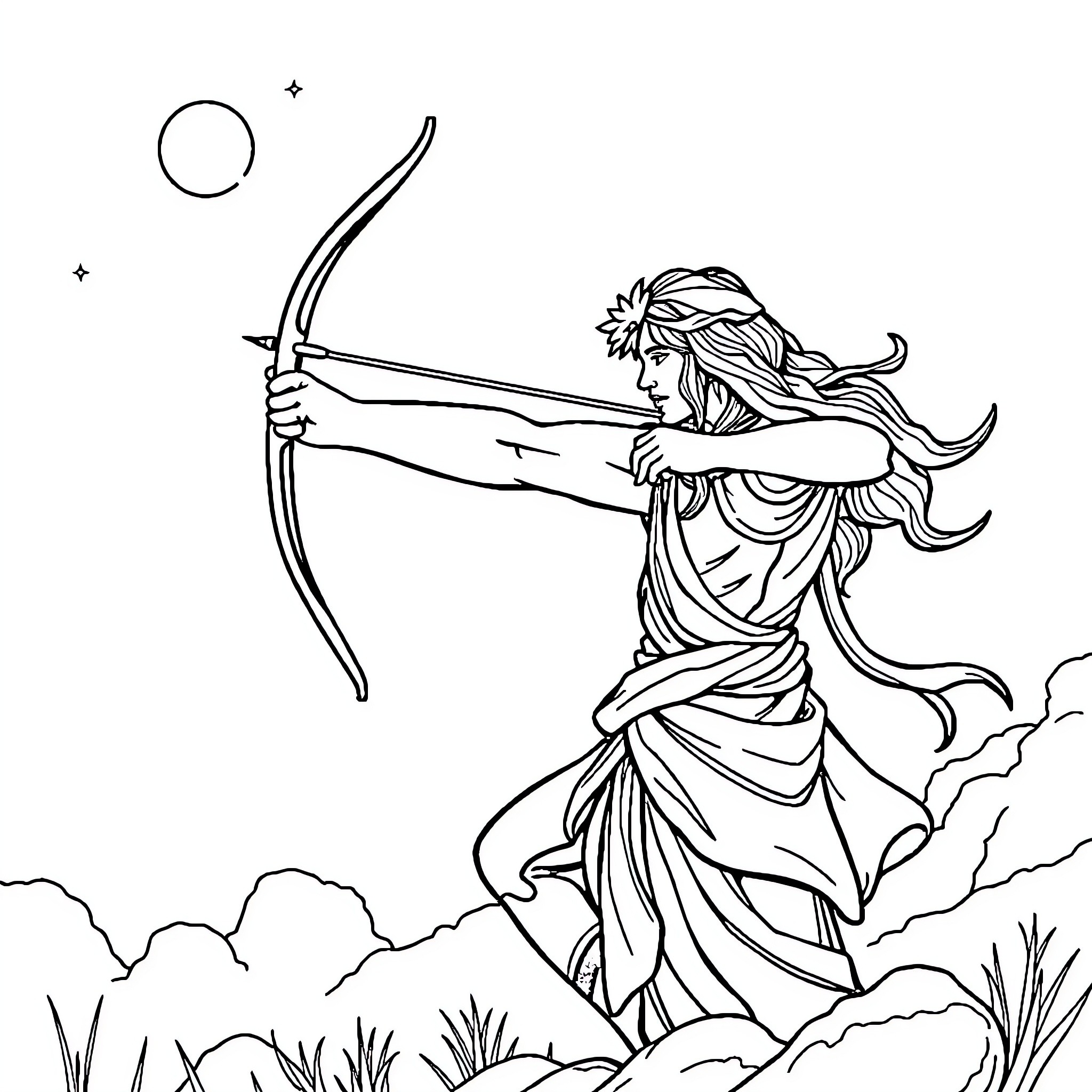 Sagittarius archer woman aiming bow in night sky Coloring Page (free black-and-white line drawing printable PDF for all, from beginners to advanced learners, including children, teens, adults, and seniors)