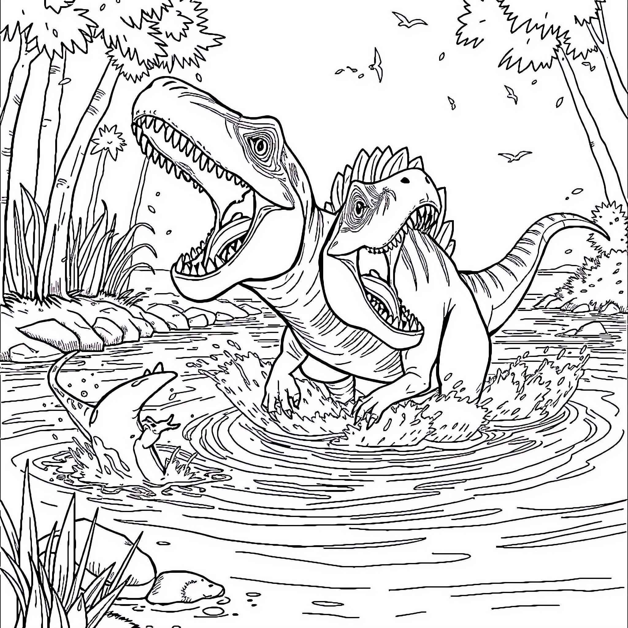 Spinosaurus Fighting in Prehistoric Landscape Coloring Page (free black-and-white line drawing printable PDF for all, from beginners to advanced learners, including children, teens, adults, and seniors)