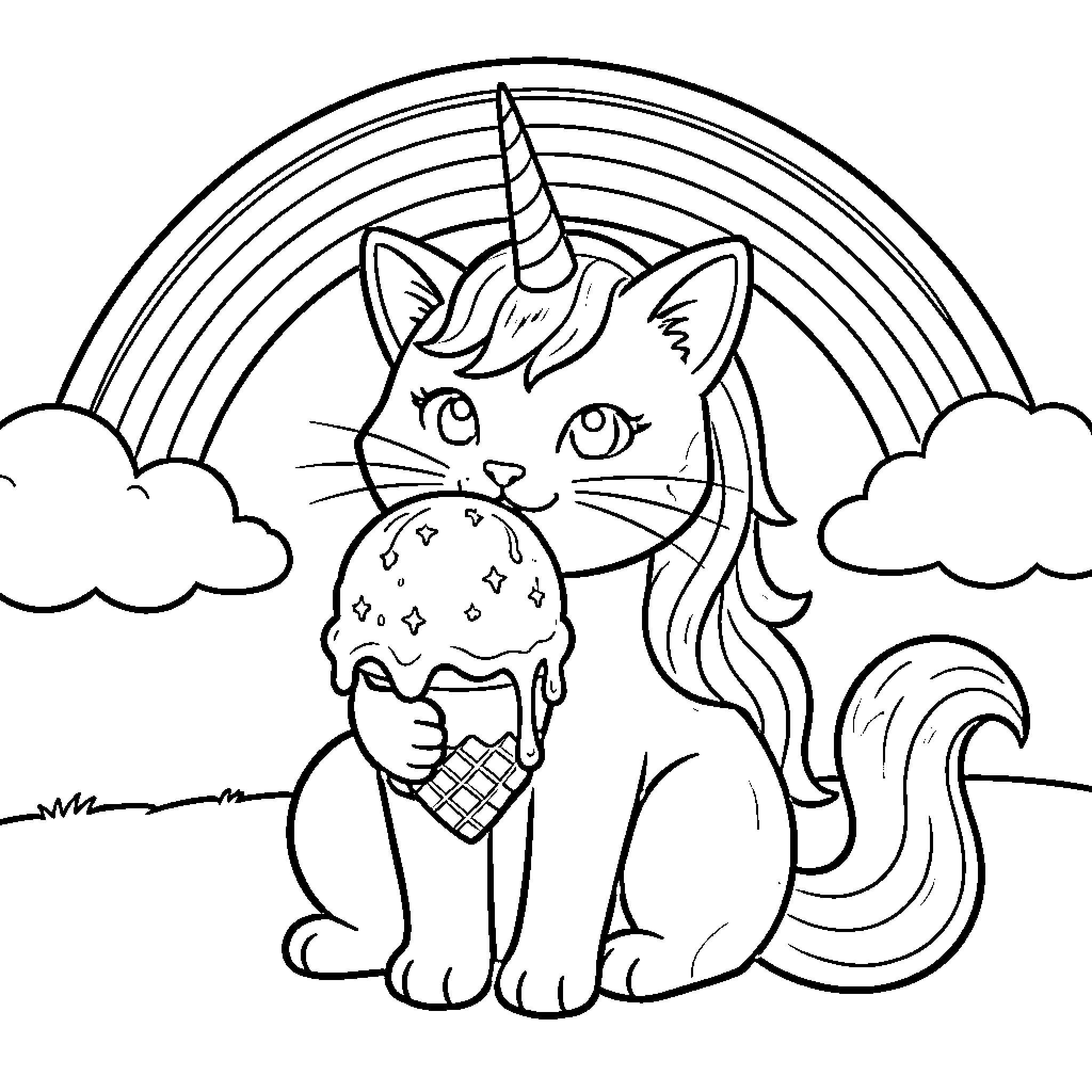 Unicorn Cat enjoying an ice cream cone in a whimsical landscape Coloring Page (free black-and-white line drawing printable PDF for all, from beginners to advanced learners, including children, teens, adults, and seniors)
