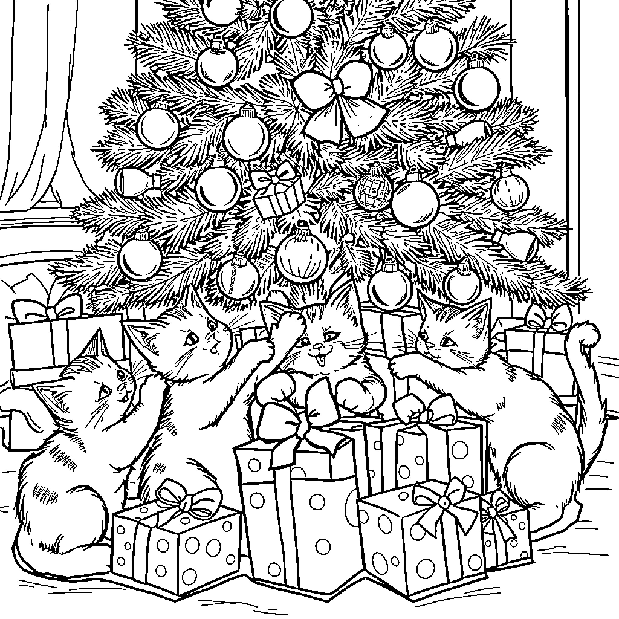 Cat Christmas scene with kittens and ornaments Coloring Page (free black-and-white line drawing printable PDF for all, from beginners to advanced learners, including children, teens, adults, and seniors)