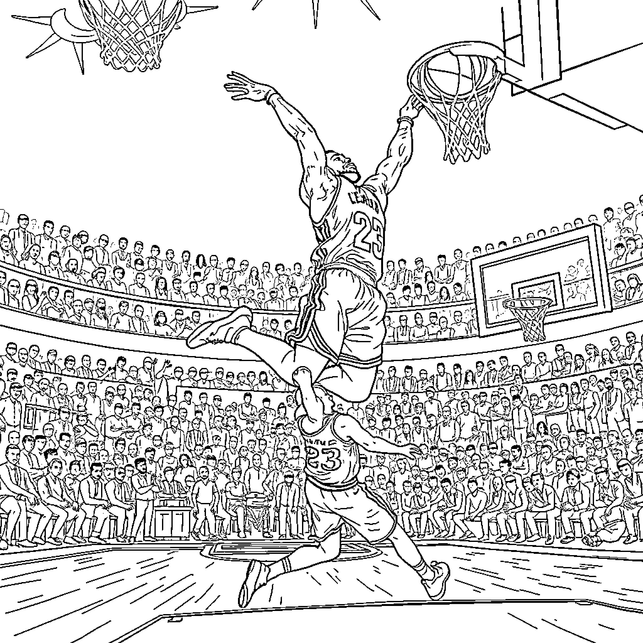 LeBron James performing a powerful slam dunk during a basketball game Coloring Page (free black-and-white line drawing printable PDF for all, from beginners to advanced learners, including children, teens, adults, and seniors)