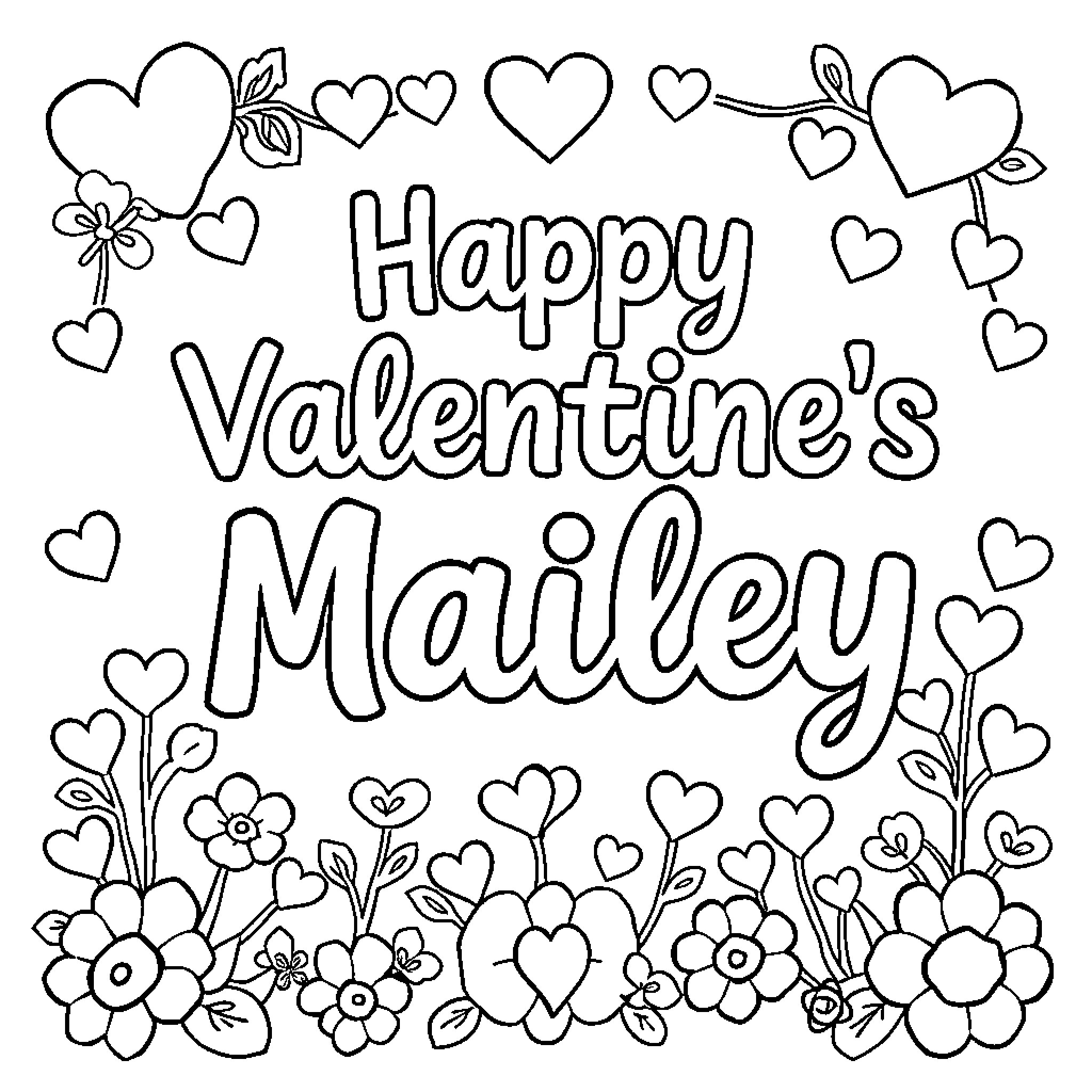 Valentine's Day Greeting with Floral Hearts Coloring Page (free black-and-white line drawing printable PDF for all, from beginners to advanced learners, including children, teens, adults, and seniors)