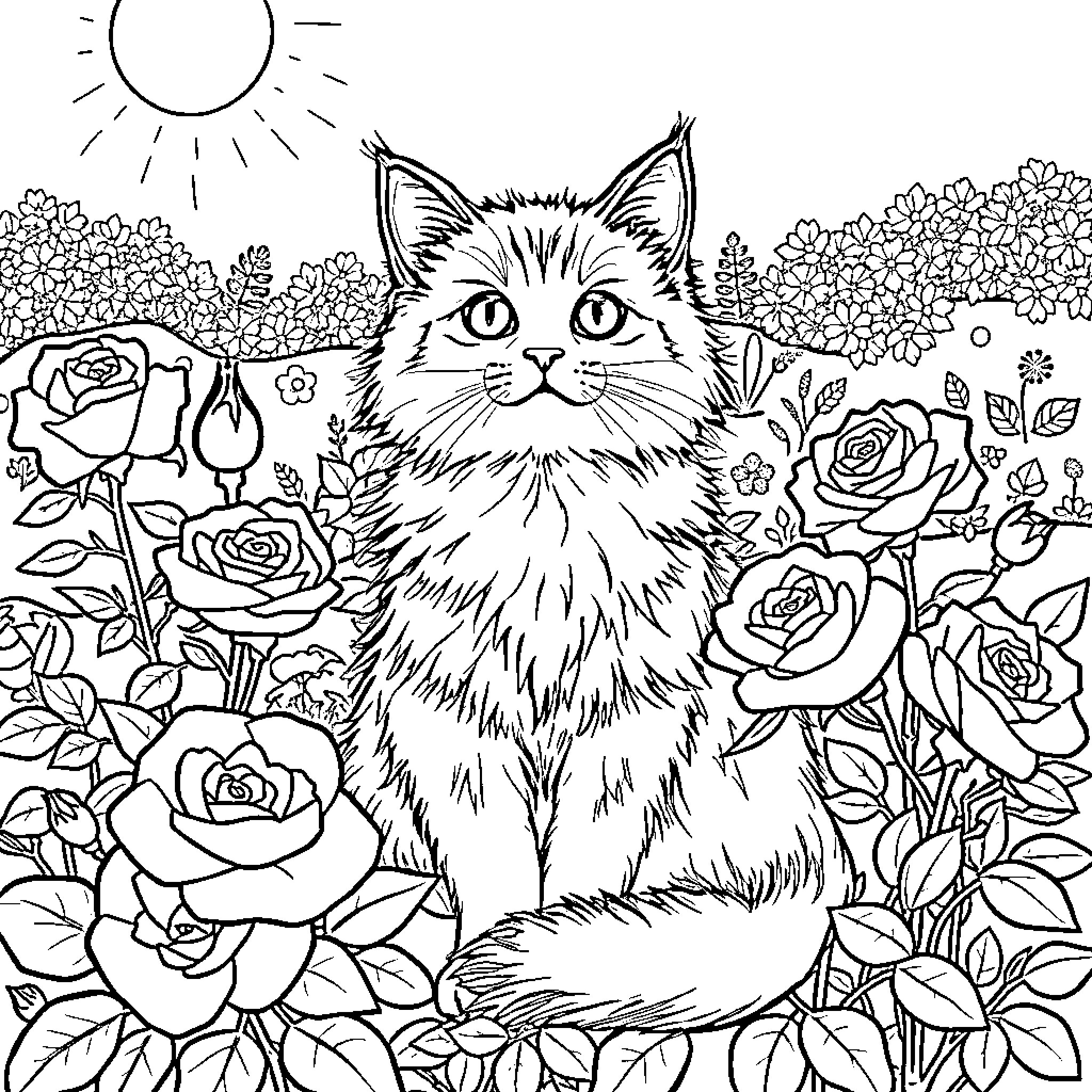 Cat surrounded by roses in a garden Coloring Page (free black-and-white line drawing printable PDF for all, from beginners to advanced learners, including children, teens, adults, and seniors)