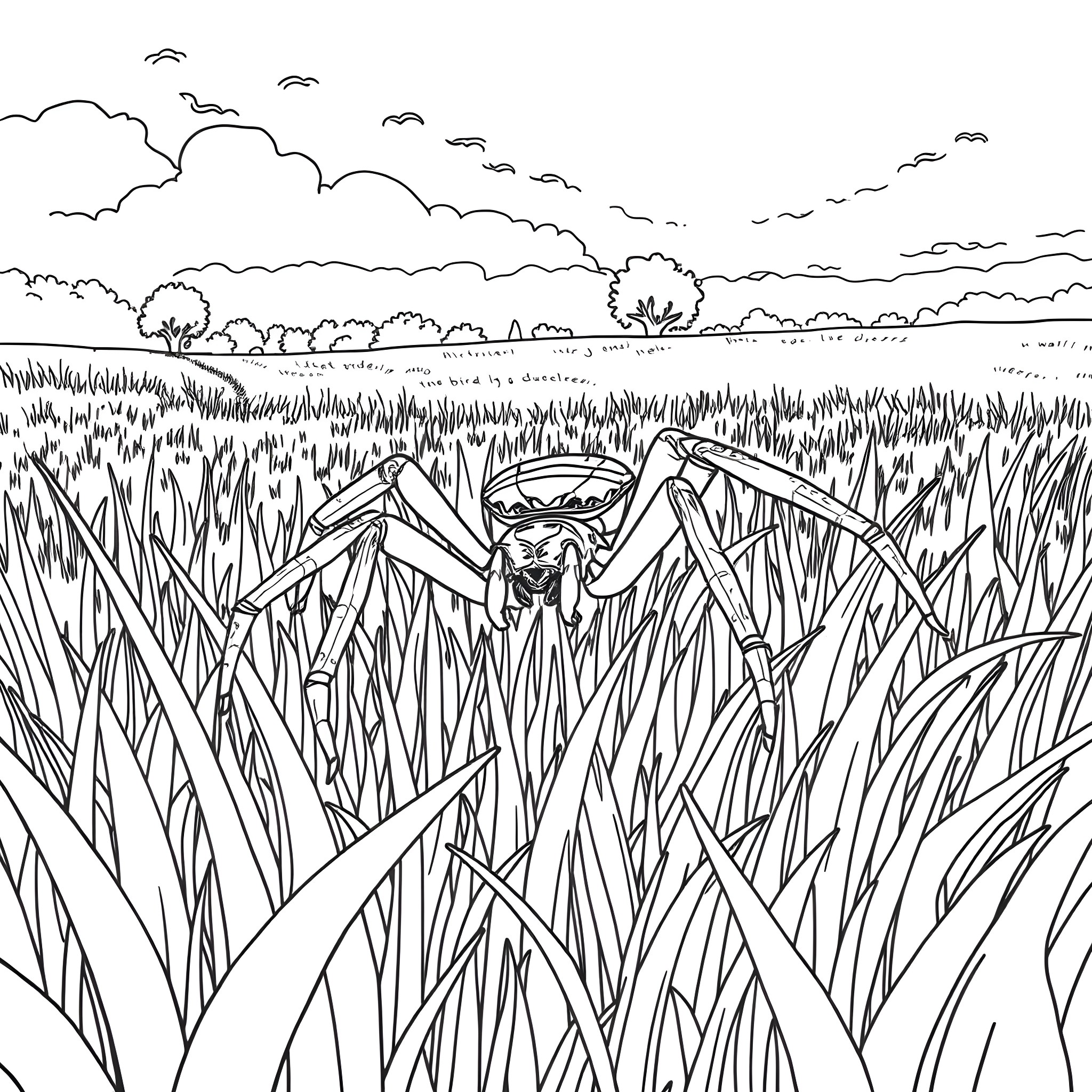 Spider exploring the tall grass in the meadow Coloring Page (free black-and-white line drawing printable PDF for all, from beginners to advanced learners, including children, teens, adults, and seniors)