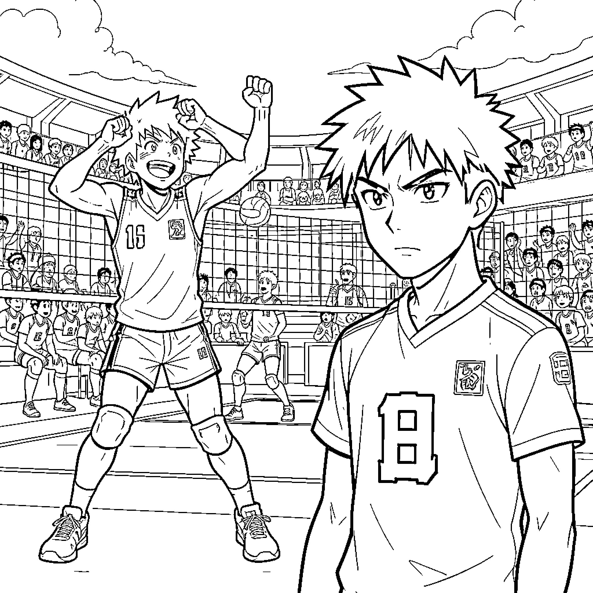 Haikyū Characters in Volleyball Match Coloring Page (free black-and-white line drawing printable PDF for all, from beginners to advanced learners, including children, teens, adults, and seniors)