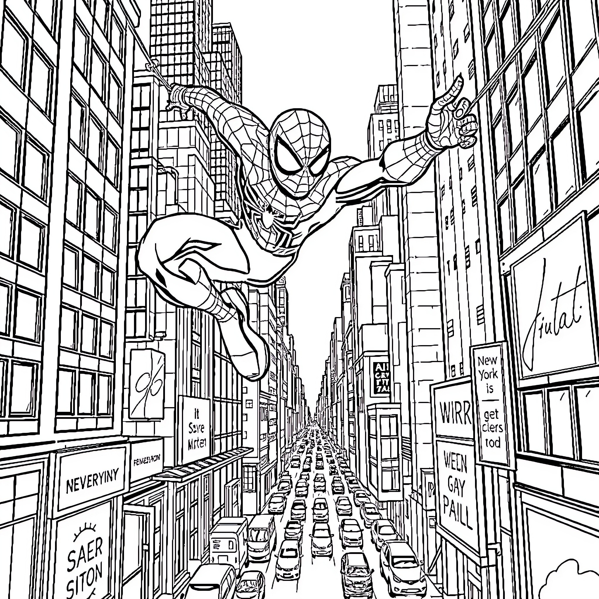 Spider-Man swinging through the bustling city streets Coloring Page (free black-and-white line drawing printable PDF for all, from beginners to advanced learners, including children, teens, adults, and seniors)