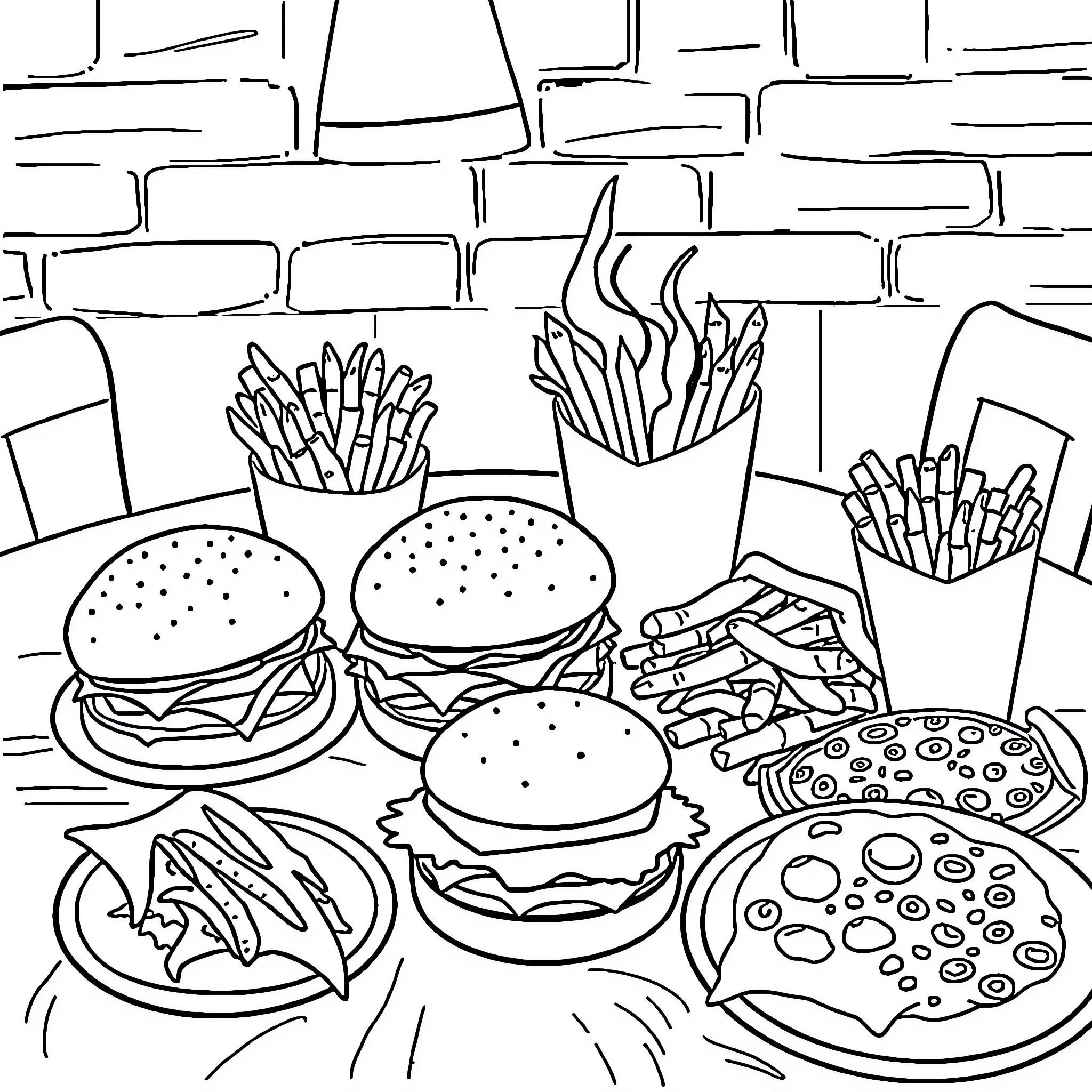 Western Food Assortment with Burgers, Fries, and Pizza Coloring Page (free black-and-white line drawing printable PDF for all, from beginners to advanced learners, including children, teens, adults, and seniors)