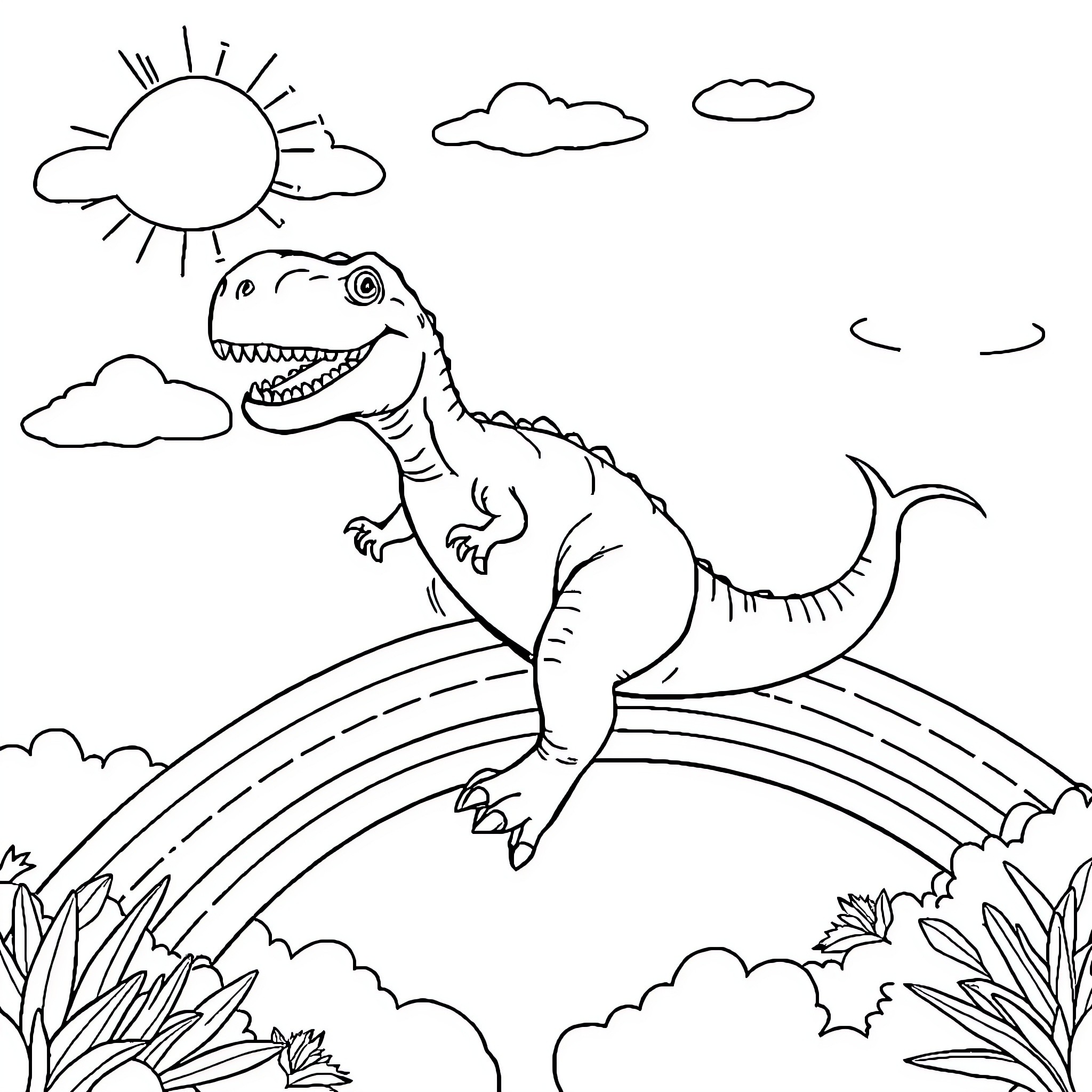 T-Rex running happily through the landscape Coloring Page (free black-and-white line drawing printable PDF for all, from beginners to advanced learners, including children, teens, adults, and seniors)