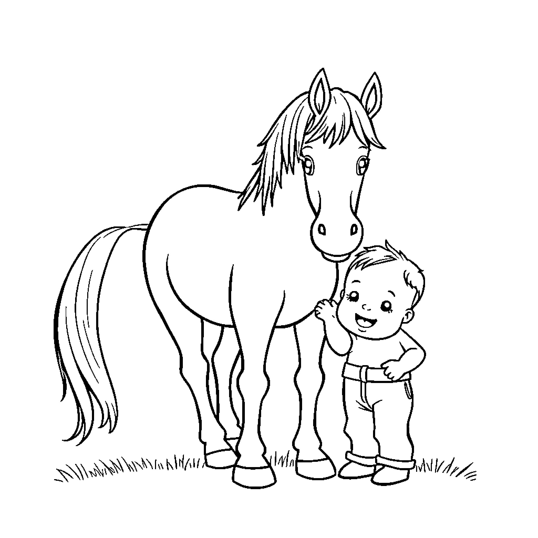 Horse and Cheerful Child Interacting Coloring Page (free black-and-white line drawing printable PDF for all, from beginners to advanced learners, including children, teens, adults, and seniors)