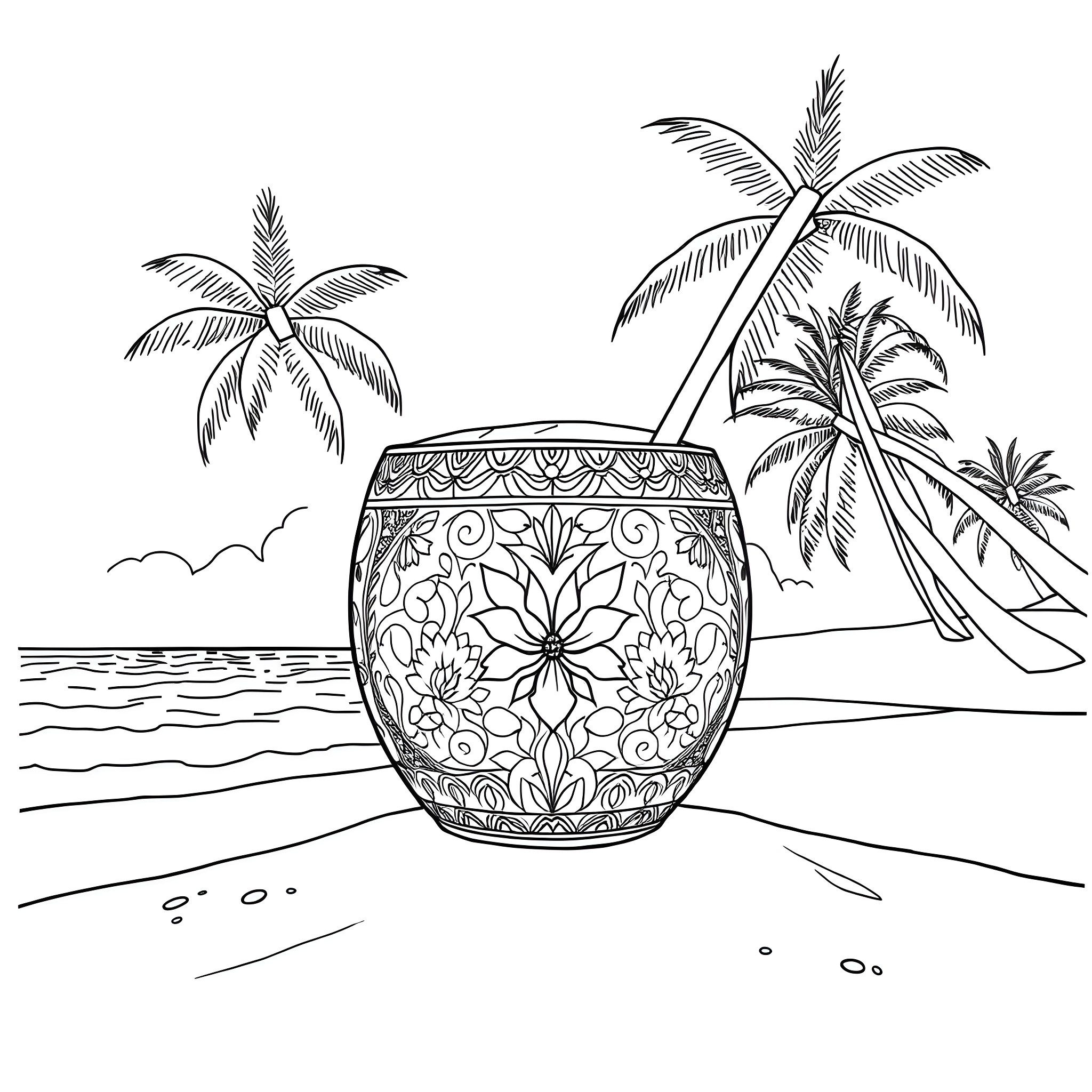 Coconut drink on the beach with palm trees Coloring Page (free black-and-white line drawing printable PDF for all, from beginners to advanced learners, including children, teens, adults, and seniors)