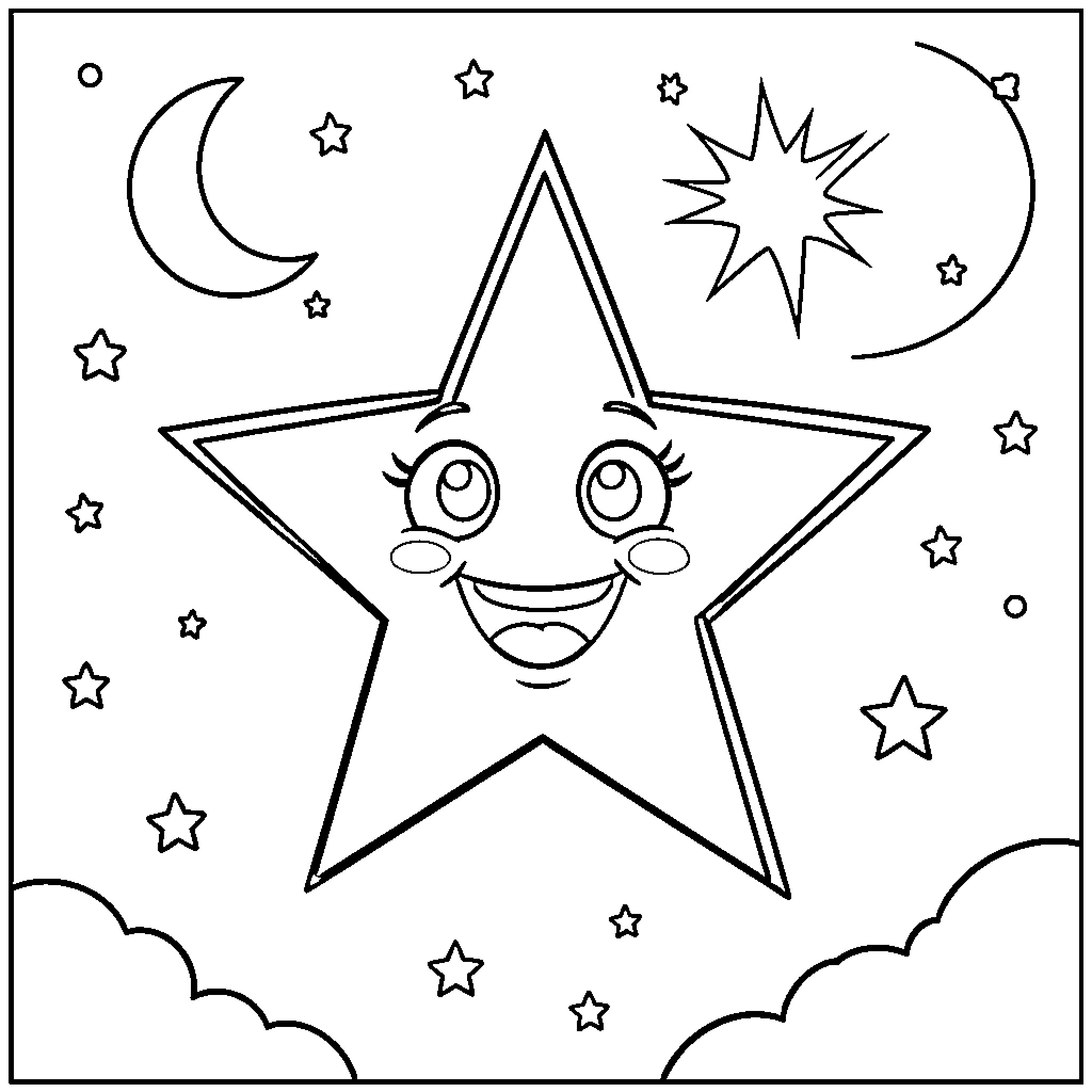 Star with smiling face among celestial objects Coloring Page (free black-and-white line drawing printable PDF for all, from beginners to advanced learners, including children, teens, adults, and seniors)