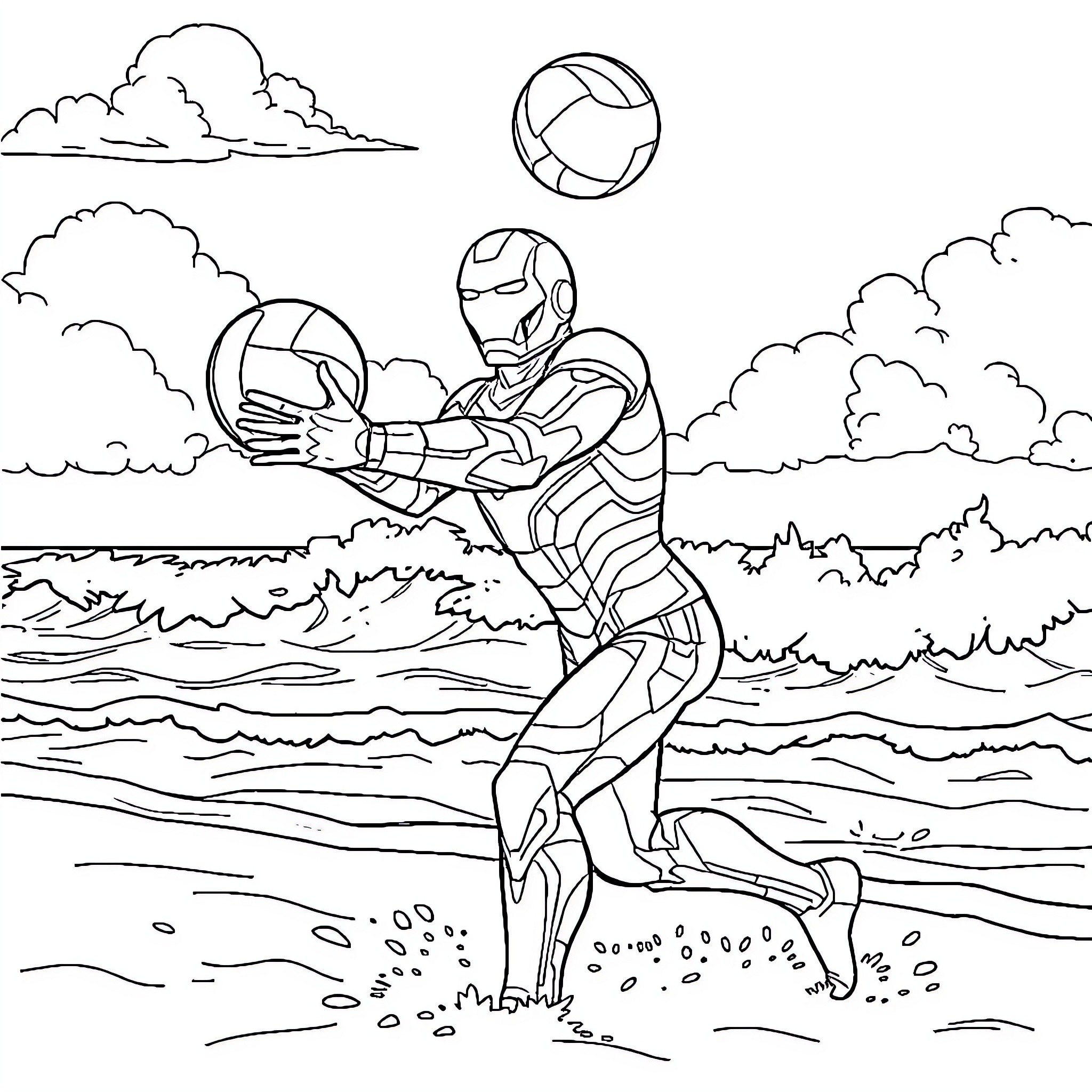 Ironman playing volleyball on the beach Coloring Page (free black-and-white line drawing printable PDF for all, from beginners to advanced learners, including children, teens, adults, and seniors)
