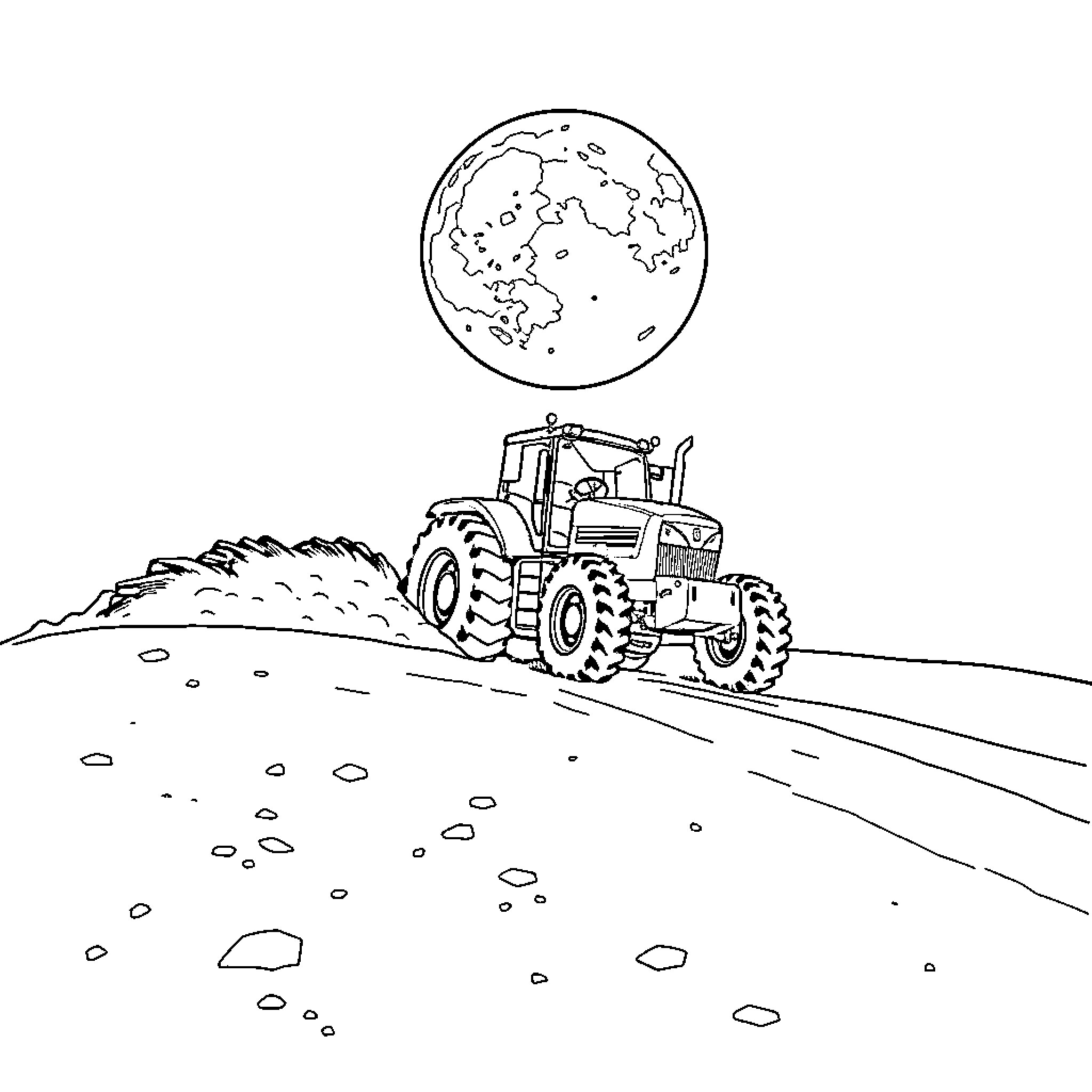 Tractor working diligently on a farm landscape Coloring Page (free black-and-white line drawing printable PDF for all, from beginners to advanced learners, including children, teens, adults, and seniors)
