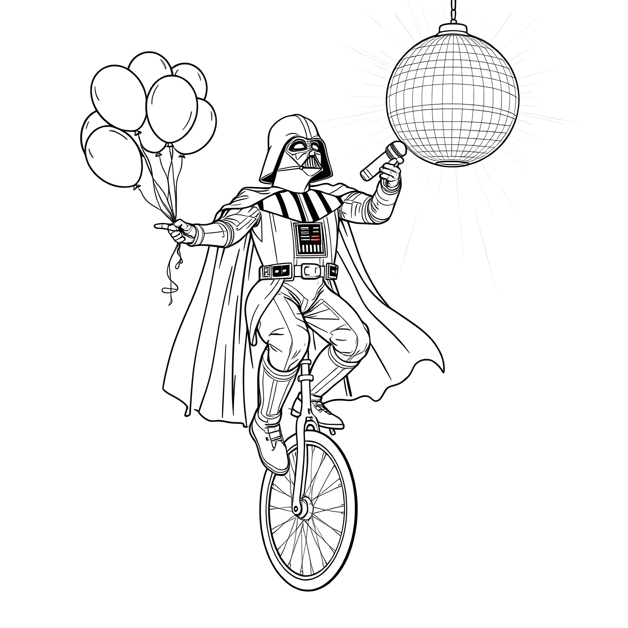 Darth Vader riding a bicycle with balloons and disco ball Coloring Page (free black-and-white line drawing printable PDF for all, from beginners to advanced learners, including children, teens, adults, and seniors)