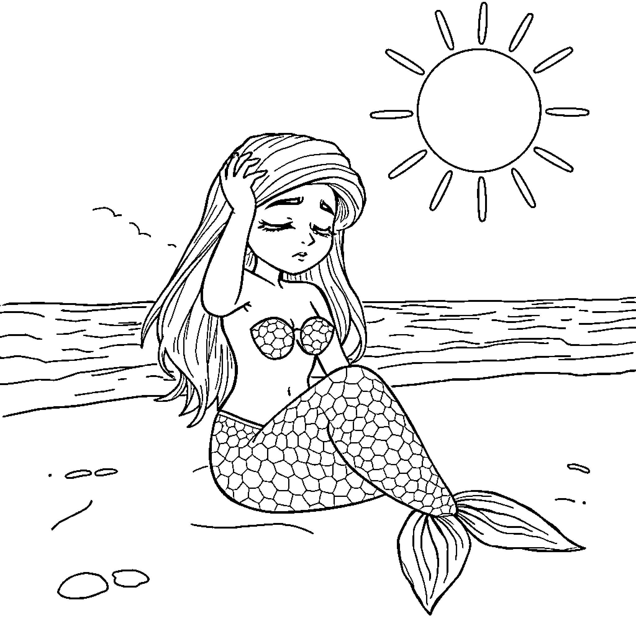 Mermaid relaxing in the sun by the sea Coloring Page (free black-and-white line drawing printable PDF for all, from beginners to advanced learners, including children, teens, adults, and seniors)