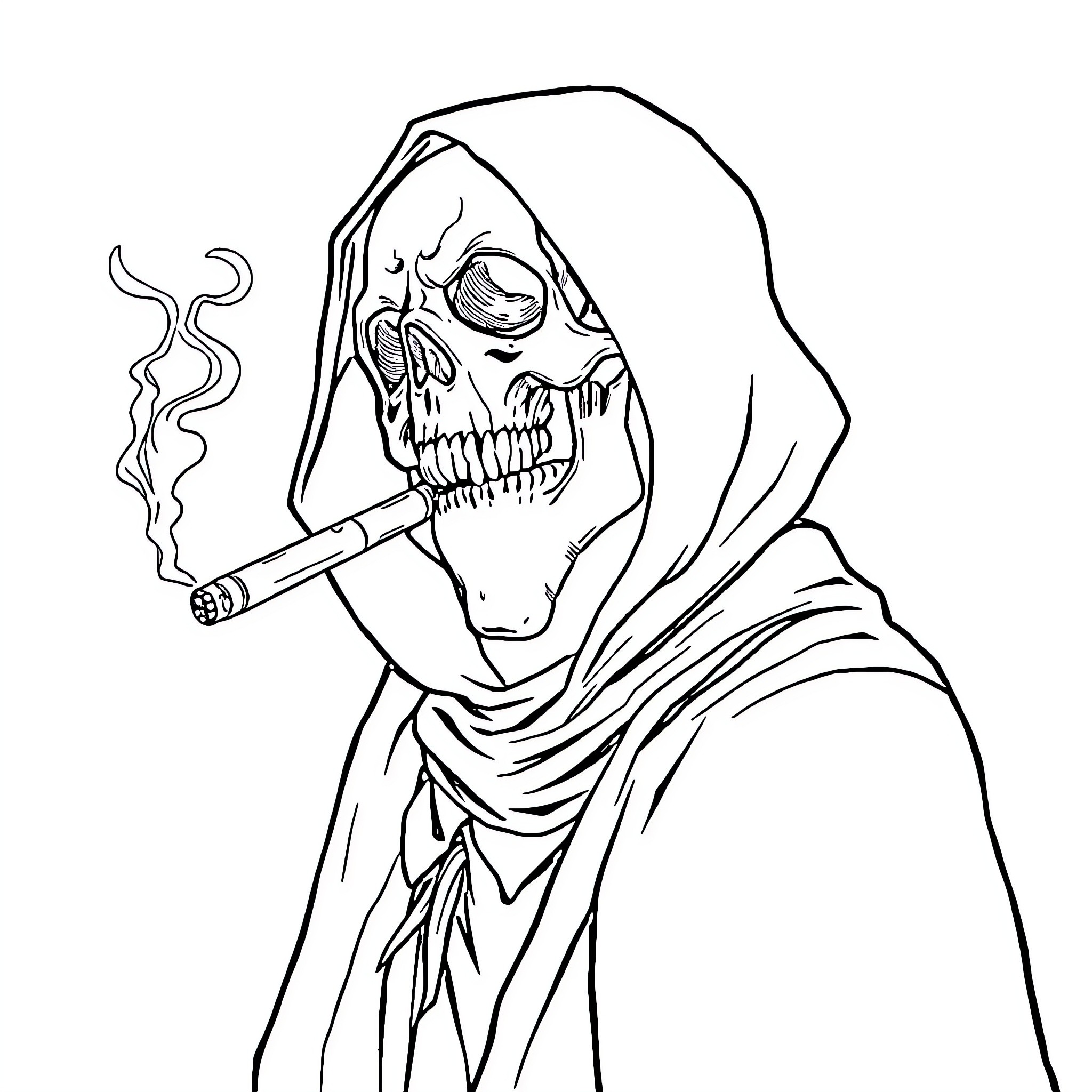 Skull of a robed figure smoking a cigarette Coloring Page (free black-and-white line drawing printable PDF for all, from beginners to advanced learners, including children, teens, adults, and seniors)