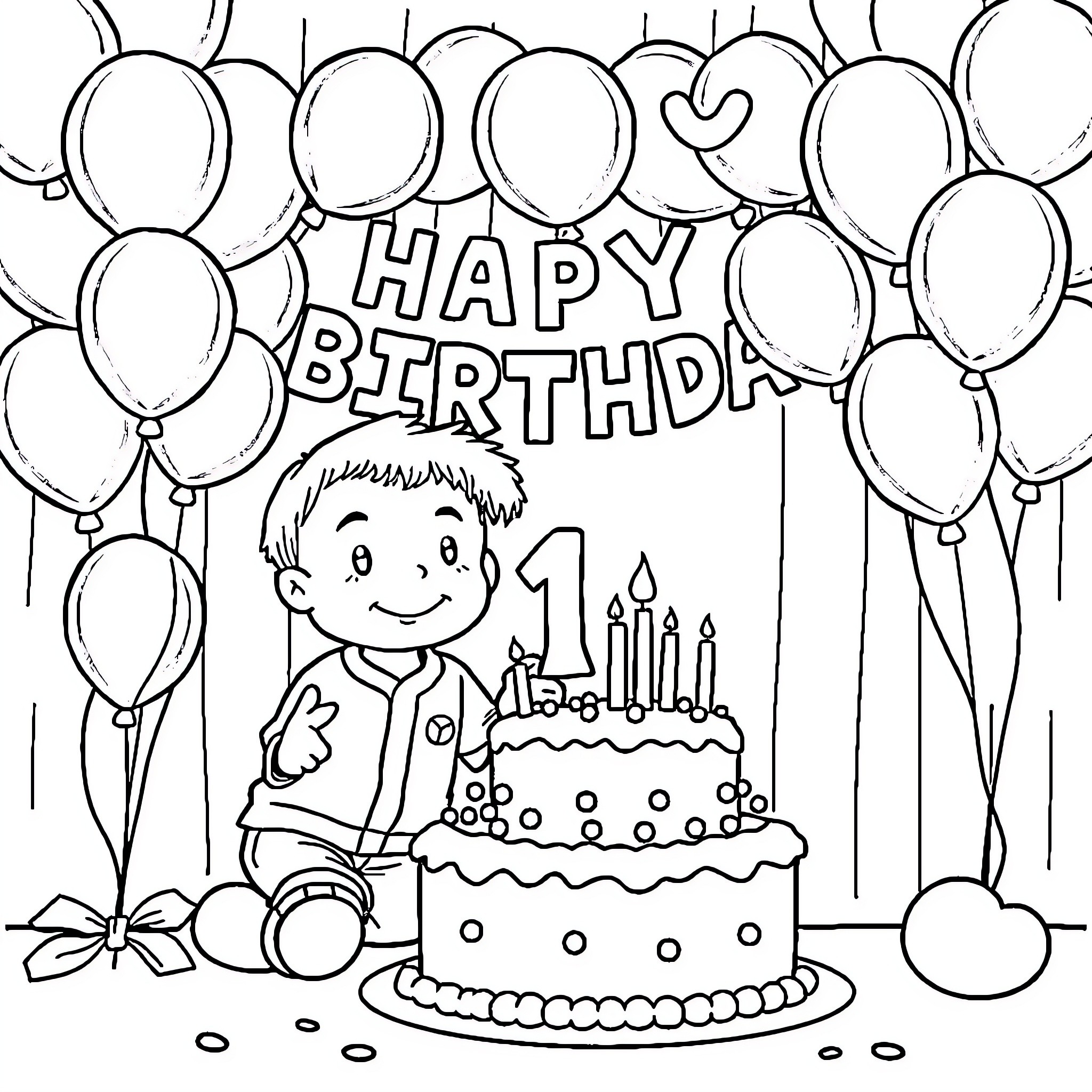Baseball Birthday Celebration with Balloons and Cake Coloring Page (free black-and-white line drawing printable PDF for all, from beginners to advanced learners, including children, teens, adults, and seniors)
