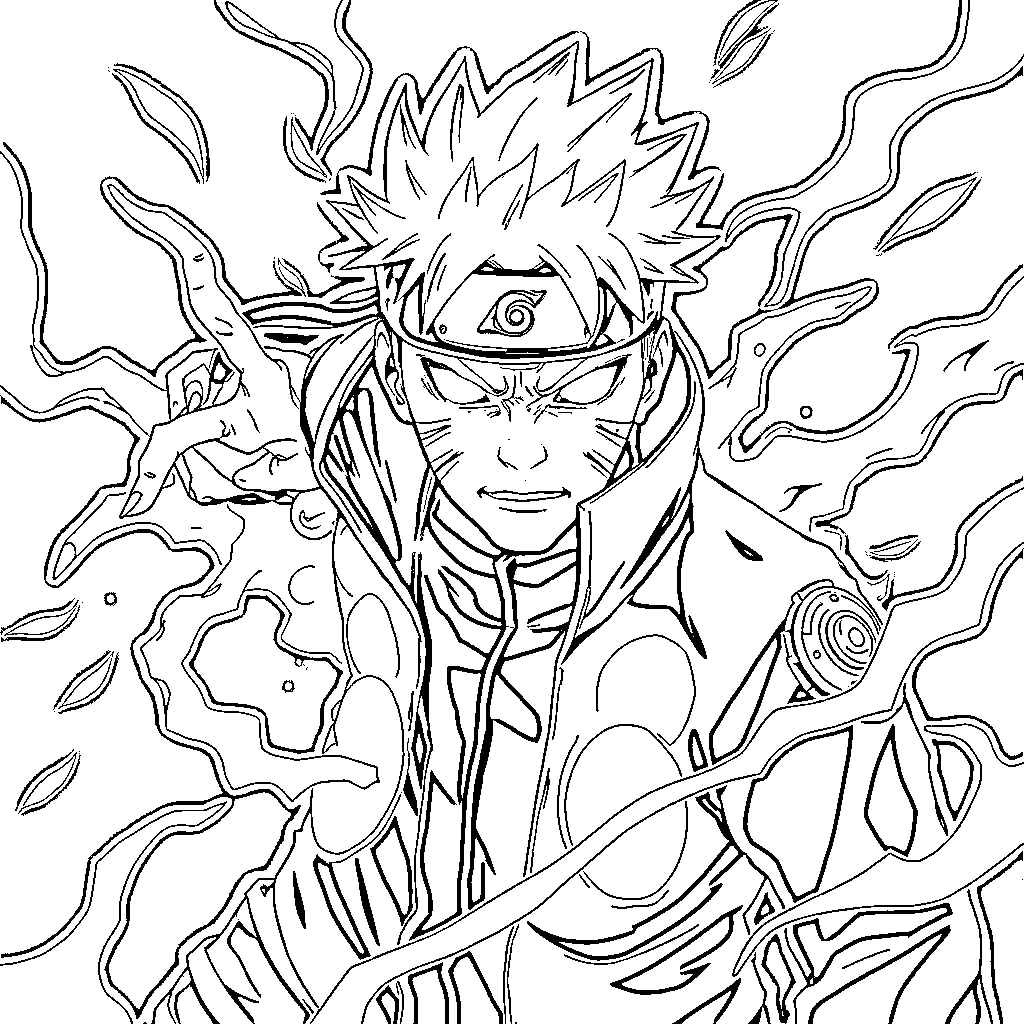 Naruto's Powerful Ninja Transformation Coloring Page (free black-and-white line drawing printable PDF for all, from beginners to advanced learners, including children, teens, adults, and seniors)