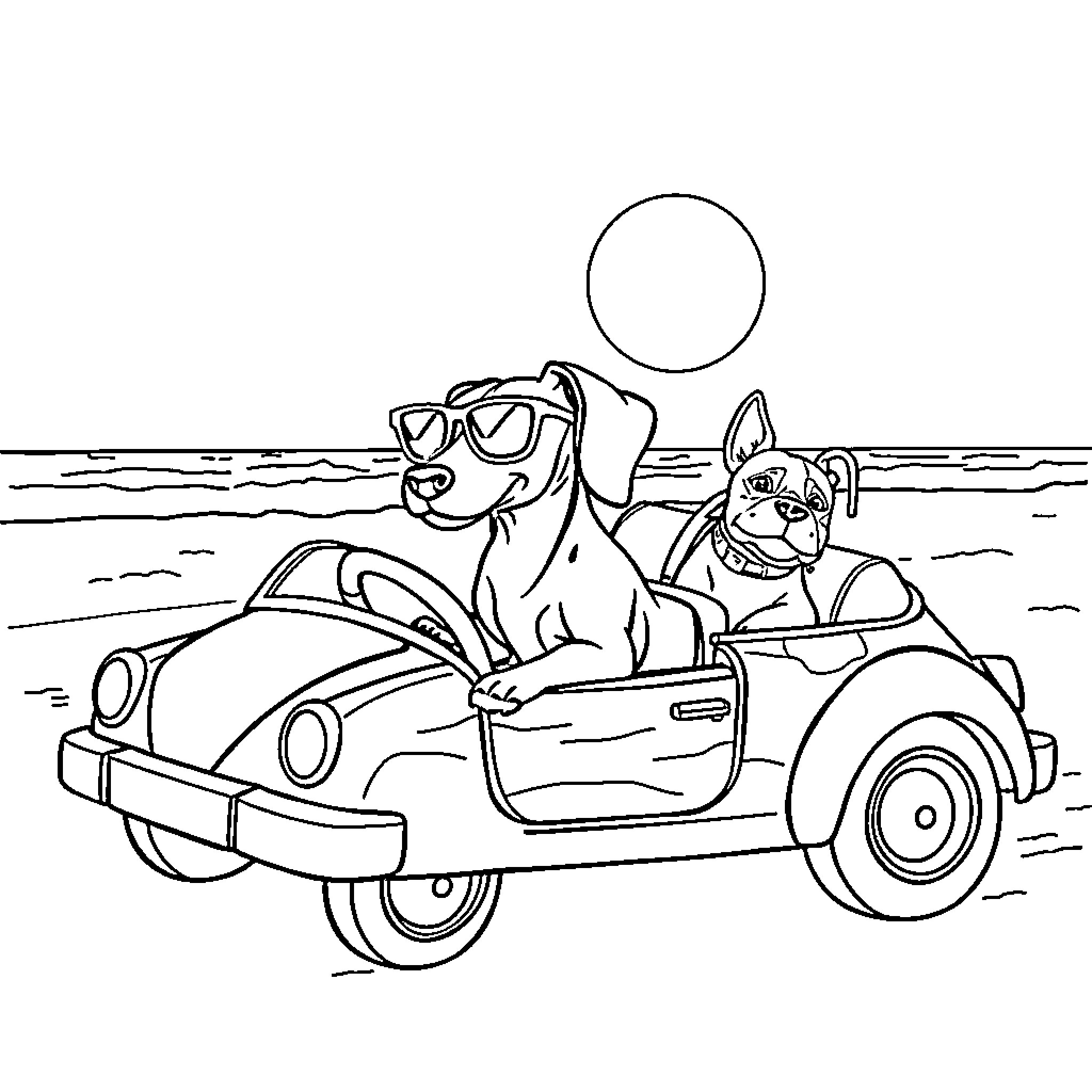 Dachshund friends driving a classic car on the beach Coloring Page (free black-and-white line drawing printable PDF for all, from beginners to advanced learners, including children, teens, adults, and seniors)