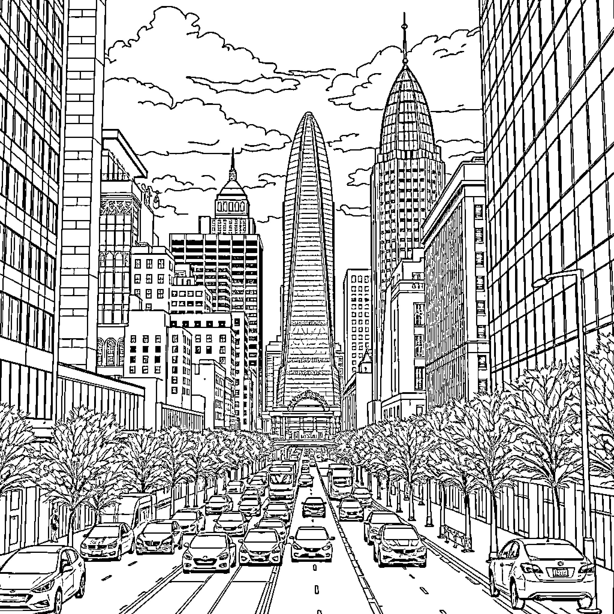 Indianapolis cityscape with skyscrapers and traffic Coloring Page (free black-and-white line drawing printable PDF for all, from beginners to advanced learners, including children, teens, adults, and seniors)