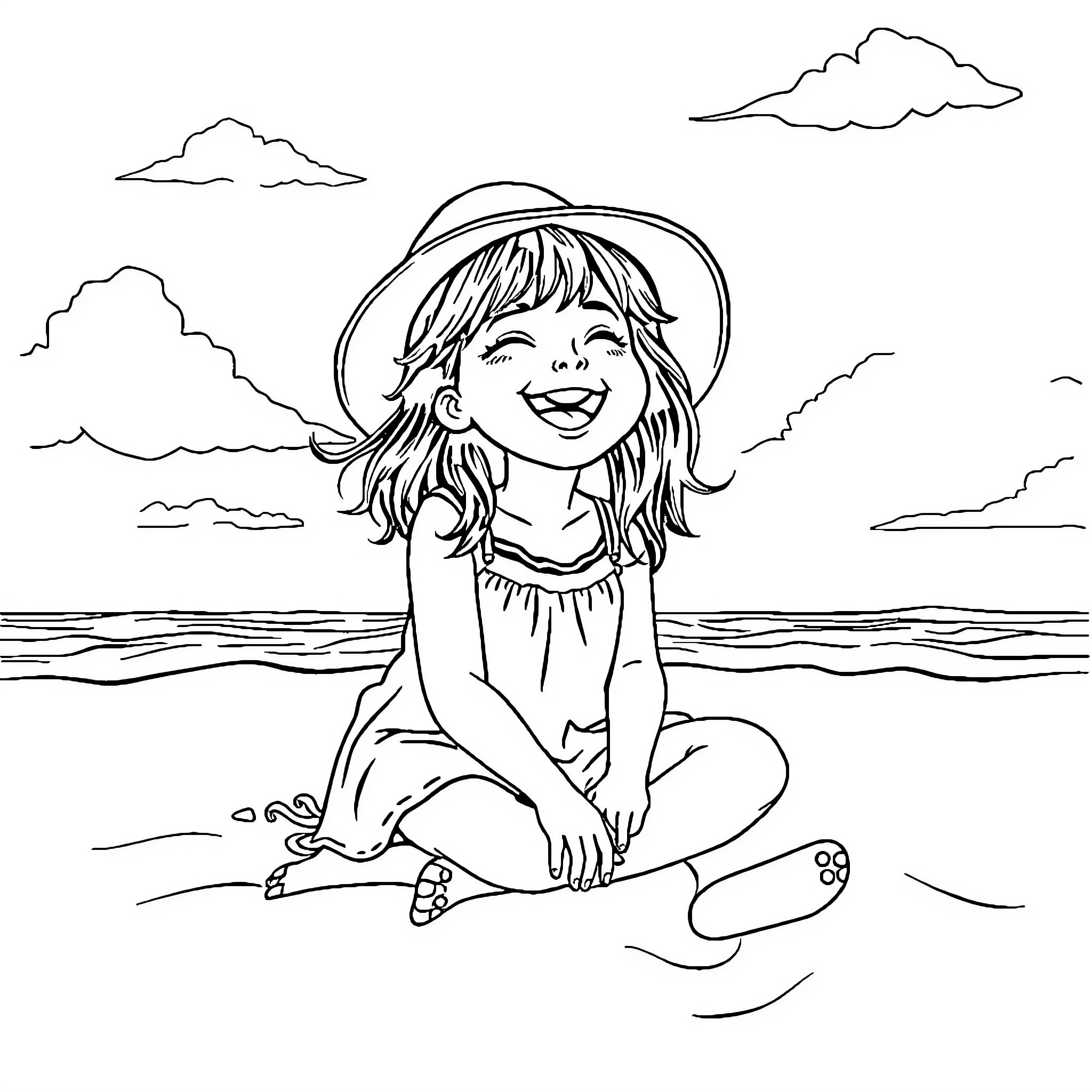 Girl playing happily by the beach Coloring Page (free black-and-white line drawing printable PDF for all, from beginners to advanced learners, including children, teens, adults, and seniors)