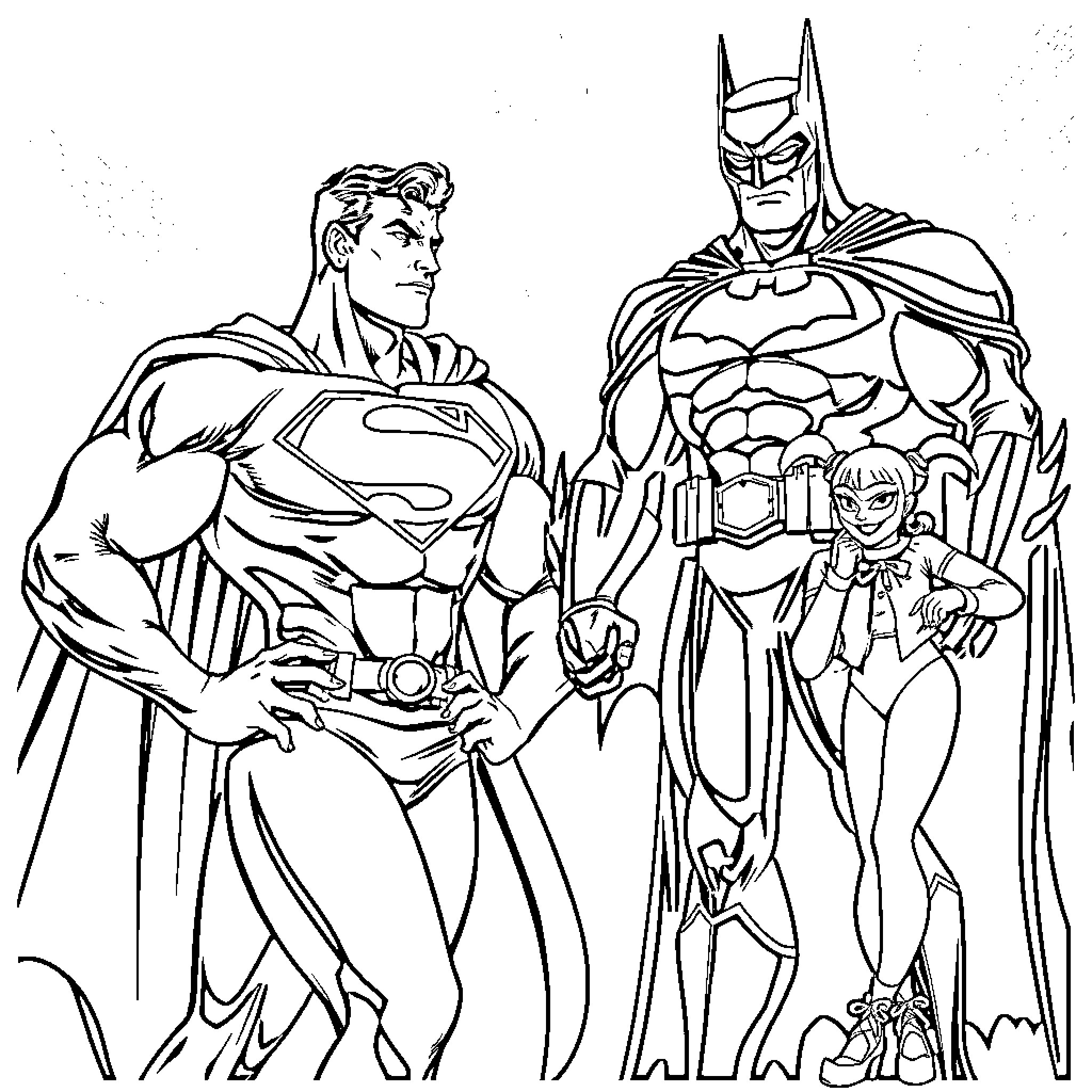 Superman and Batman team up for heroic adventure Coloring Page (free black-and-white line drawing printable PDF for all, from beginners to advanced learners, including children, teens, adults, and seniors)