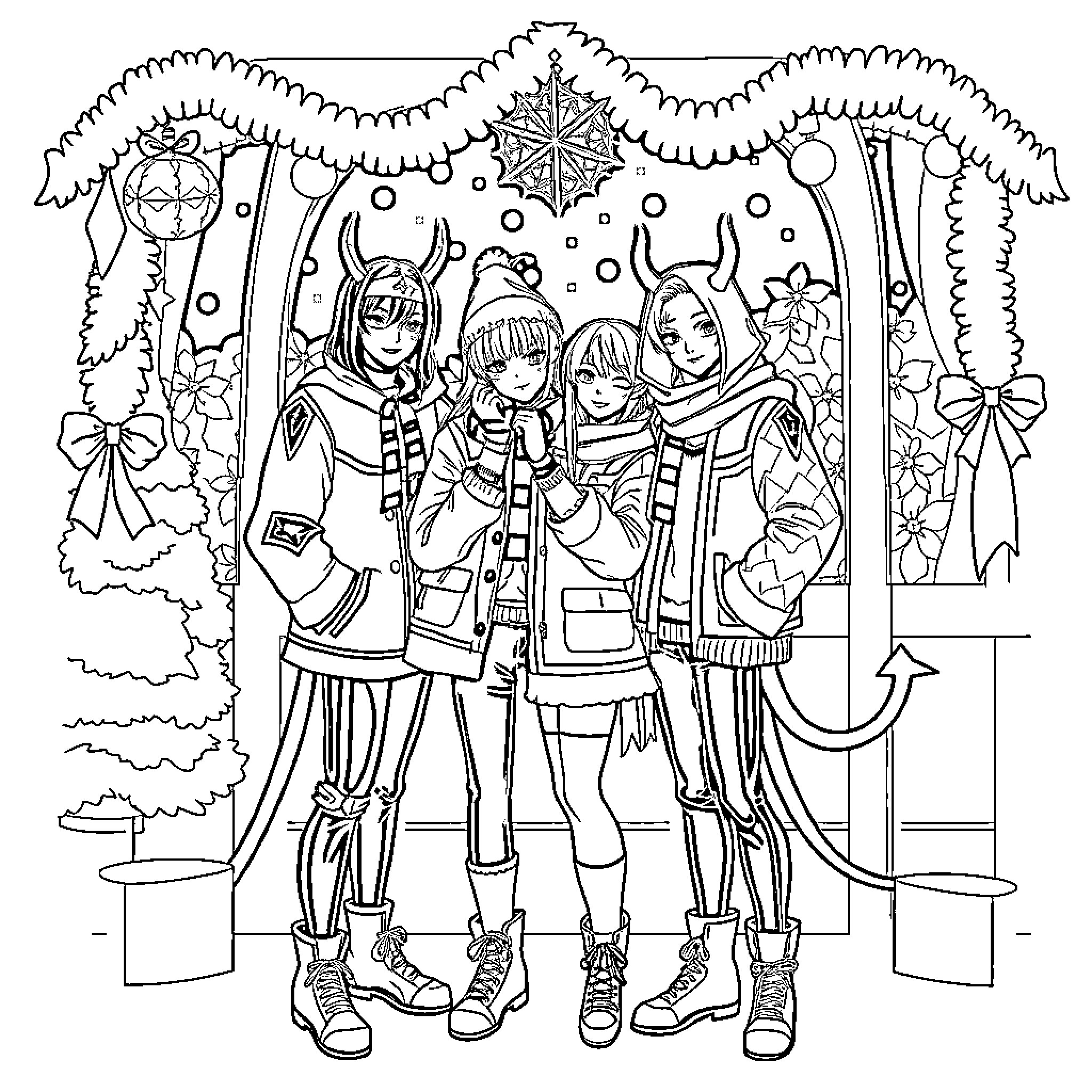 Demon Hunter Group Celebrates Winter Wonderland Coloring Page (free black-and-white line drawing printable PDF for all, from beginners to advanced learners, including children, teens, adults, and seniors)