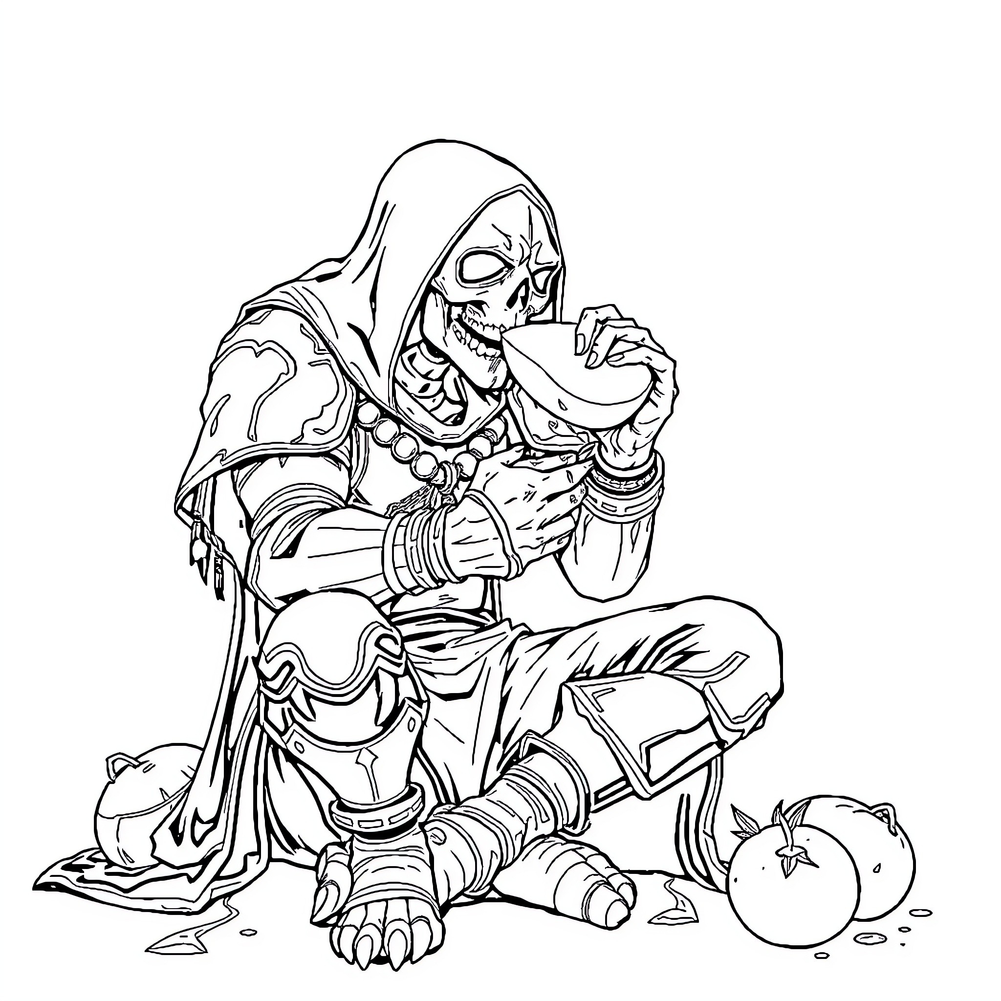 Muerte: Skeletal Figure in Contemplative Pose Coloring Page (free black-and-white line drawing printable PDF for all, from beginners to advanced learners, including children, teens, adults, and seniors)