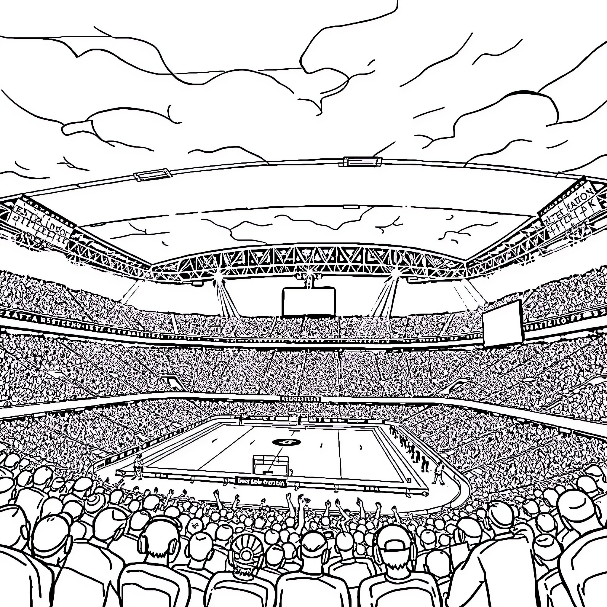 Estadio Akron: Crowds Gather for a Sporting Event Coloring Page (free black-and-white line drawing printable PDF for all, from beginners to advanced learners, including children, teens, adults, and seniors)